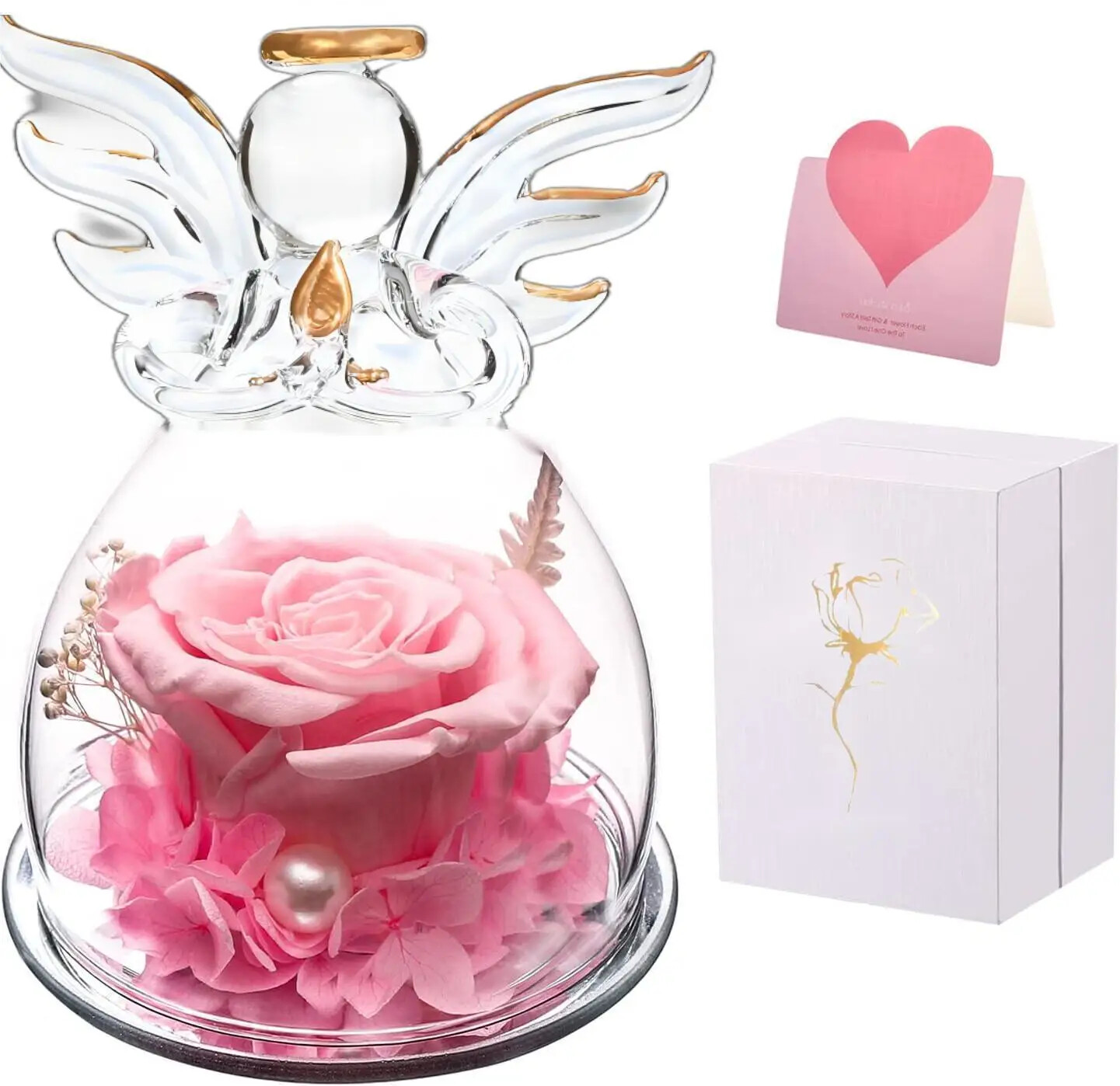 Wholesale Angel Rose in Glass Dome – Gilded angel figurines guardian angel