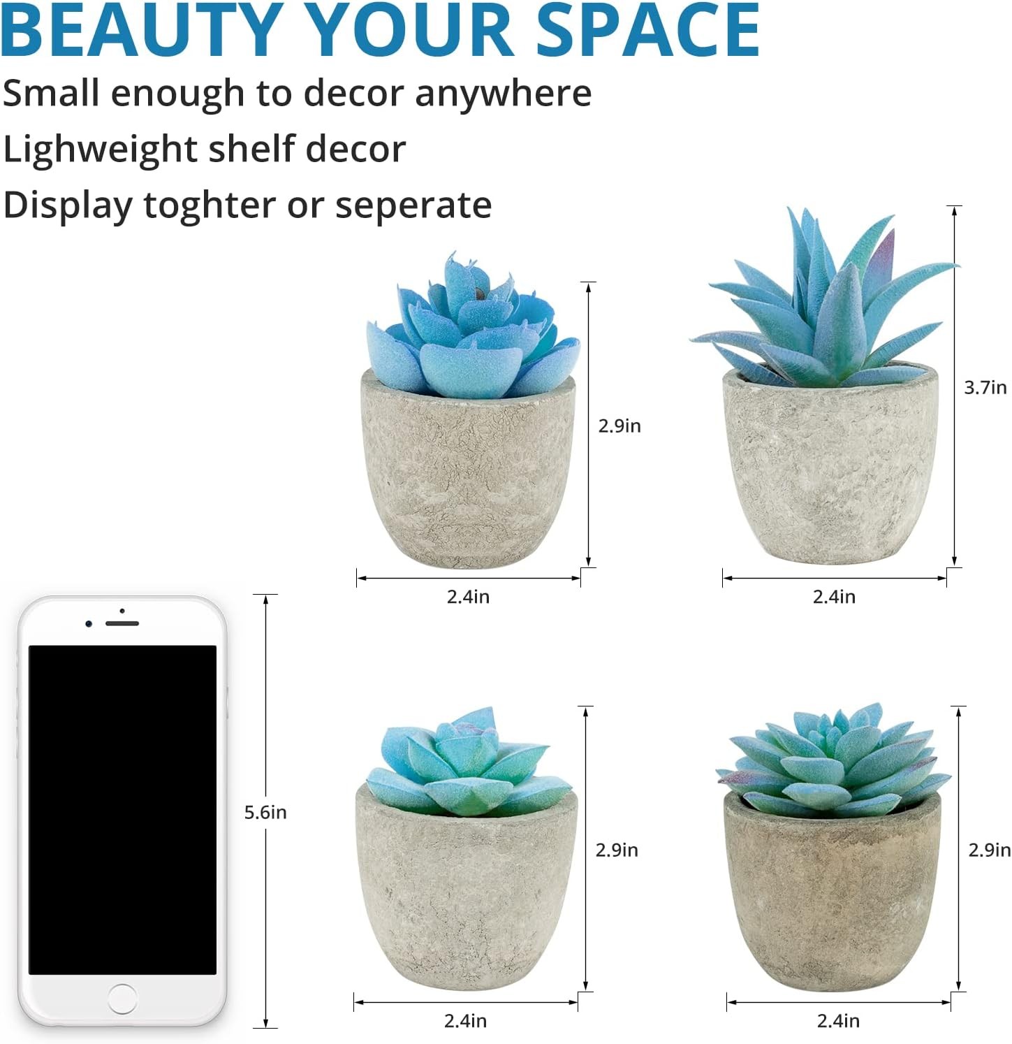 Set of 4 Blue Fake Succulents, Artificial Succulents Plants, Blue Home Decor Sma