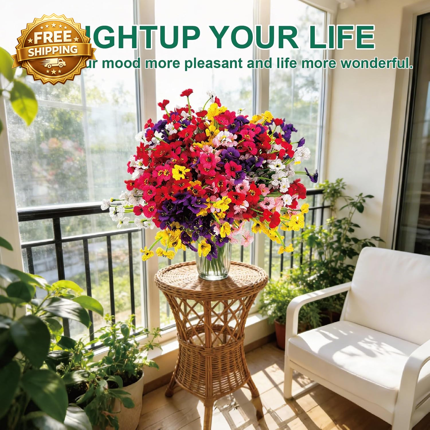 24 Pcs (6 Color) UV Resistant Outdoor Artificial Faux Flowers Plants Realistic P