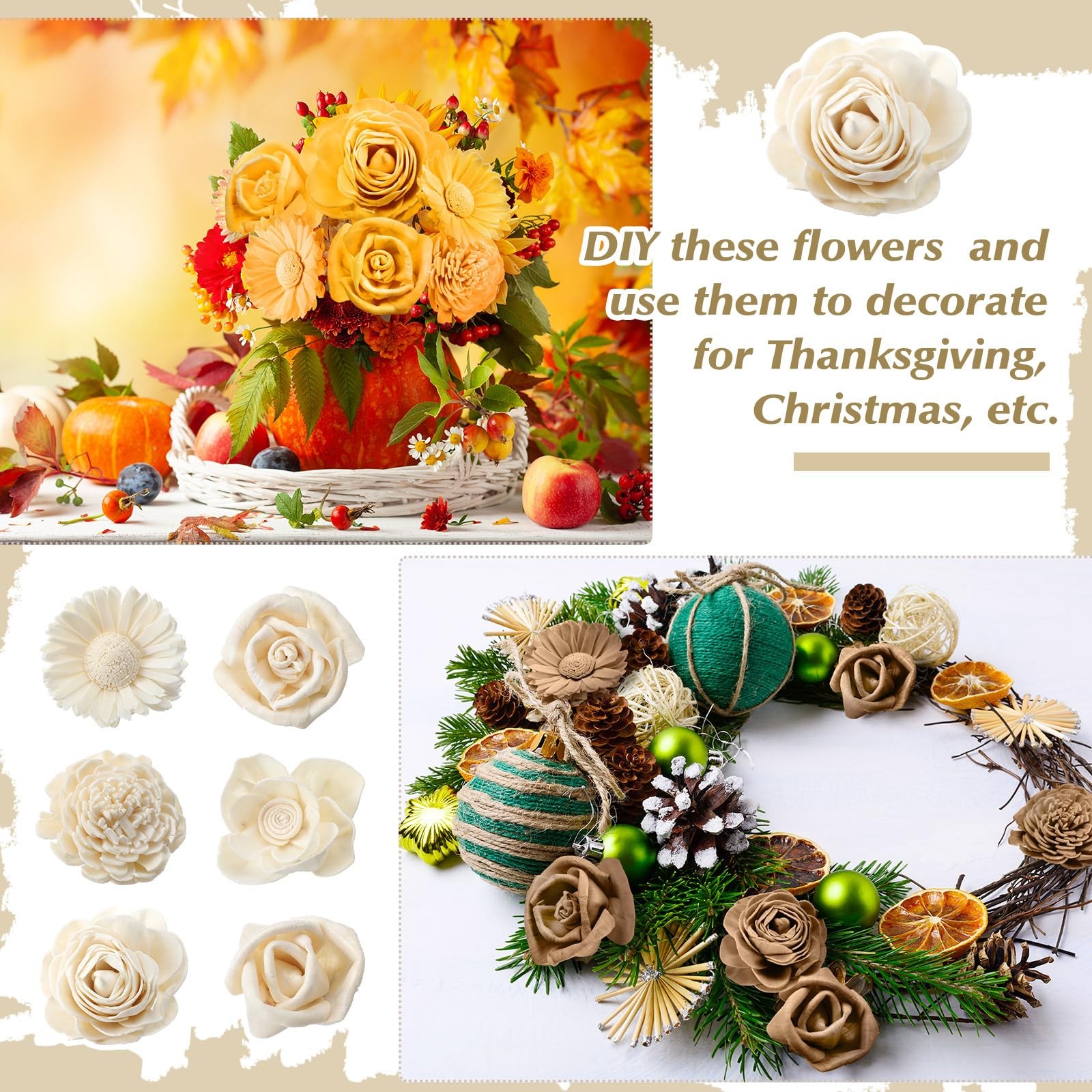 DIY Sola Wood Flowers for Crafts, White Assortment 1.38-1.77 inch, 50 PCS Bulk
