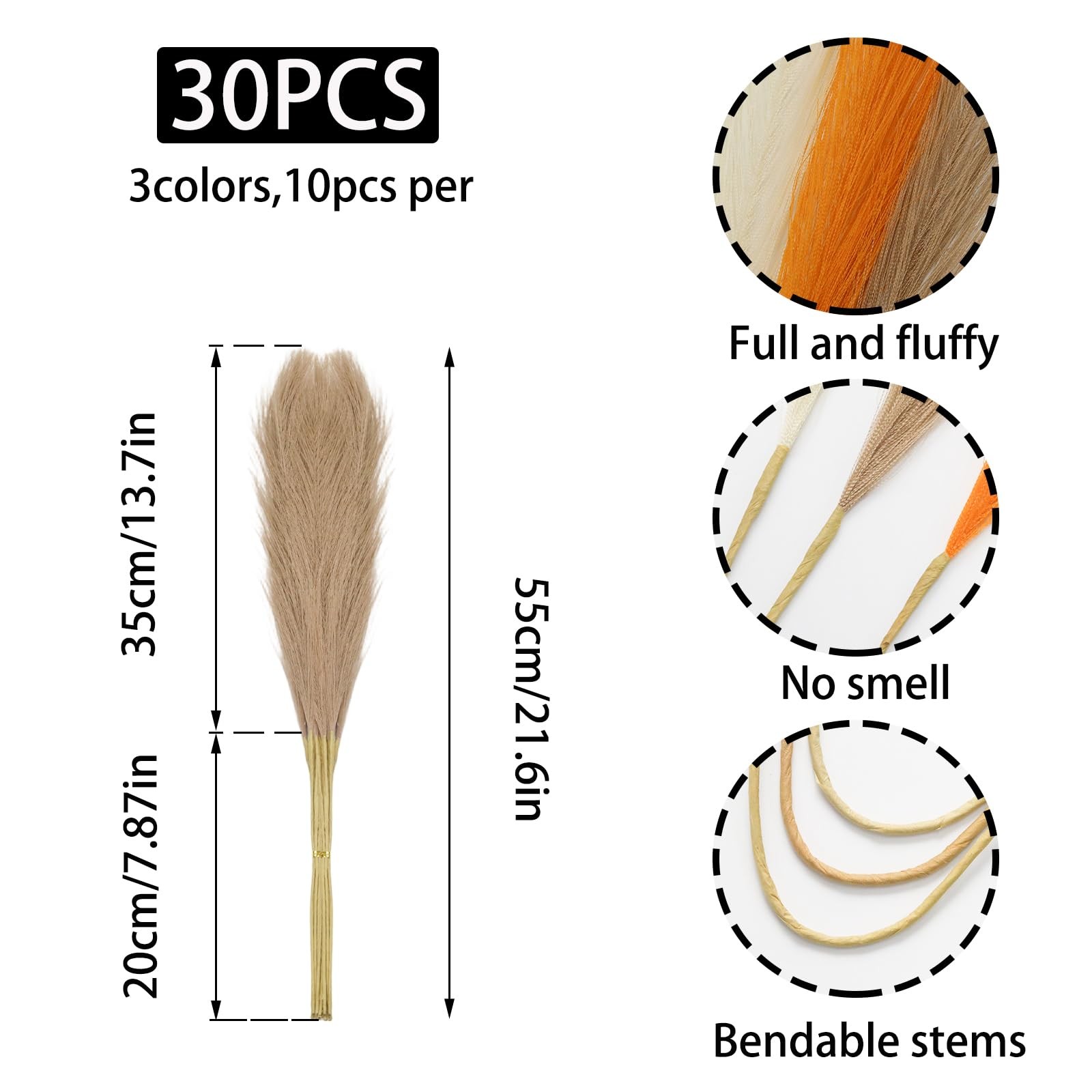 30 Pcs Faux Pampas Grass 21.6 Inch Fluffy Artificial Orange Pompas Grass Colo…