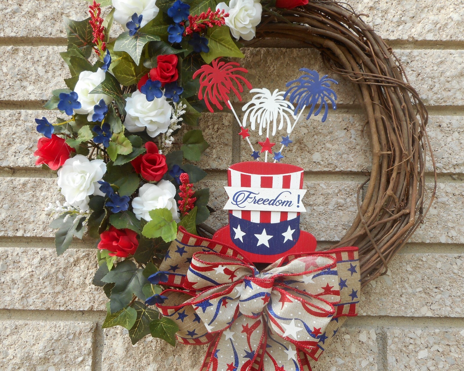 16″ Patriotic Freedom July 4th Red White Blue Floral Summer Grapevine Wreath