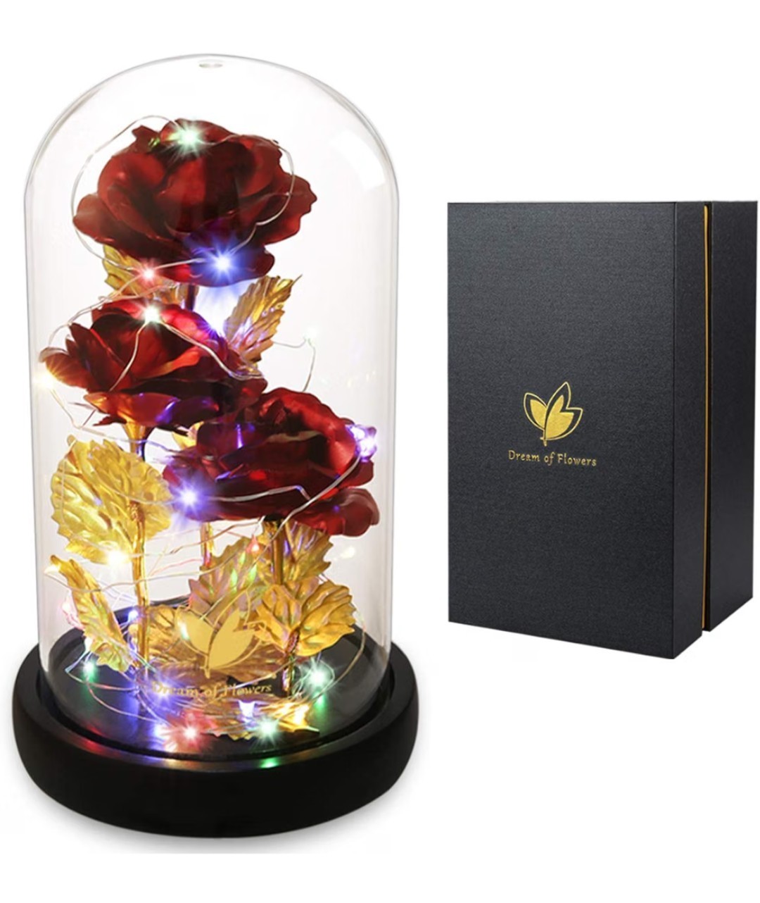 Dream Of Flowers Red Rose Gold Stem/Leaves in Glass Dome, 2 Lighting Modes. #dom