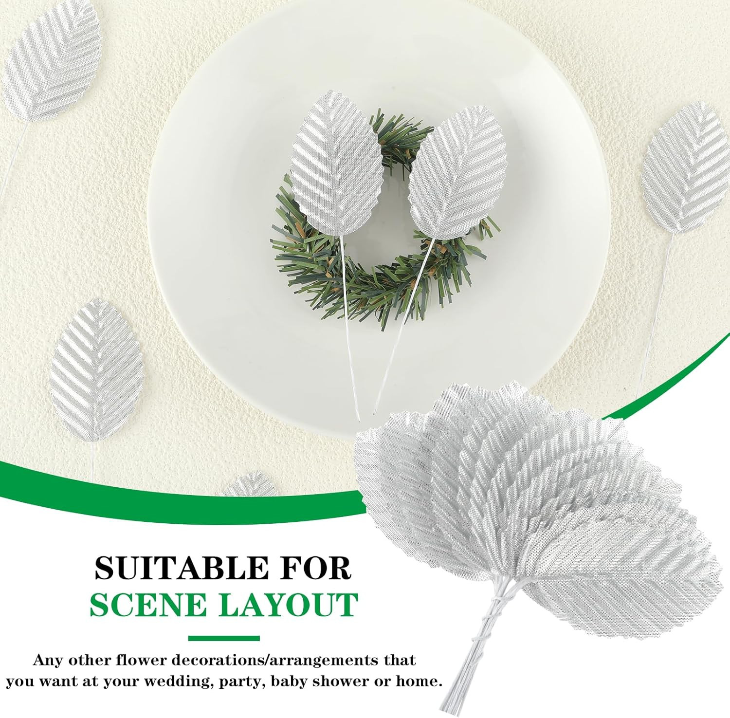 200 Pcs Silver Leaves for Crafts – Artificial Silk Faux Wired Single Leaf Wire C