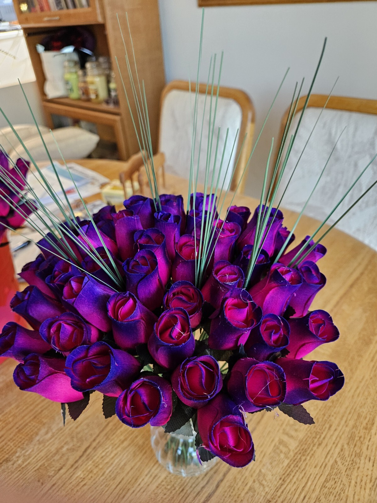1 DOZEN – HOT PINK- PURPLE WOODEN ROSE BUDS 5 X 8 ARTIFICIAL FLOWERS