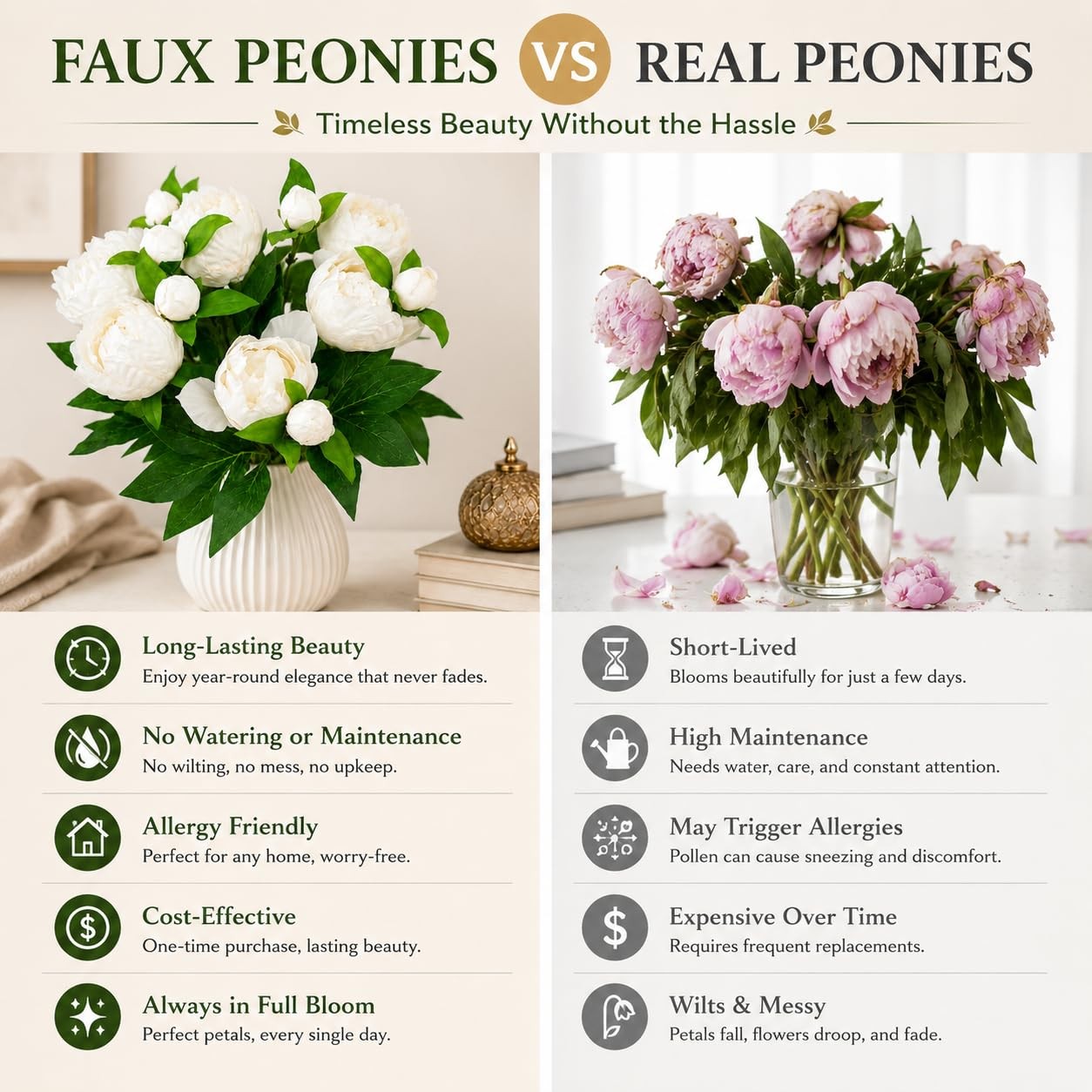 Cream White Peonies Artificial Flowers, 6 Pcs Silk Peony Bouquet