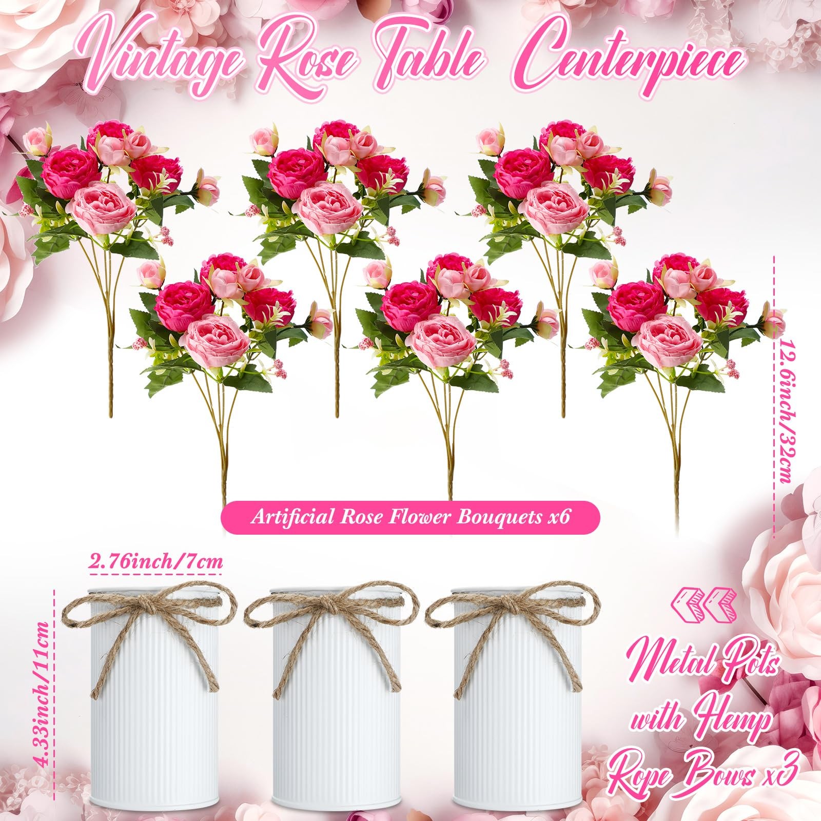 3 Sets Artificial Peonies Flower Peony Bouquet with Galvanized Metal Pot Silk…
