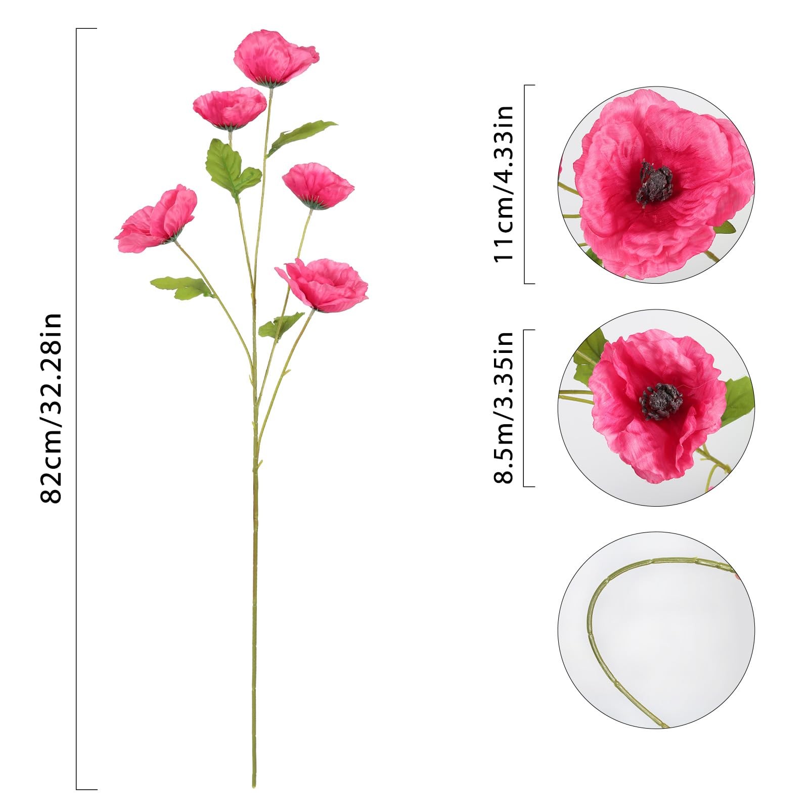 6 PCS Hot Pink Artificial Poppies Silk Flowers 32 Inch Wedding Party Decor
