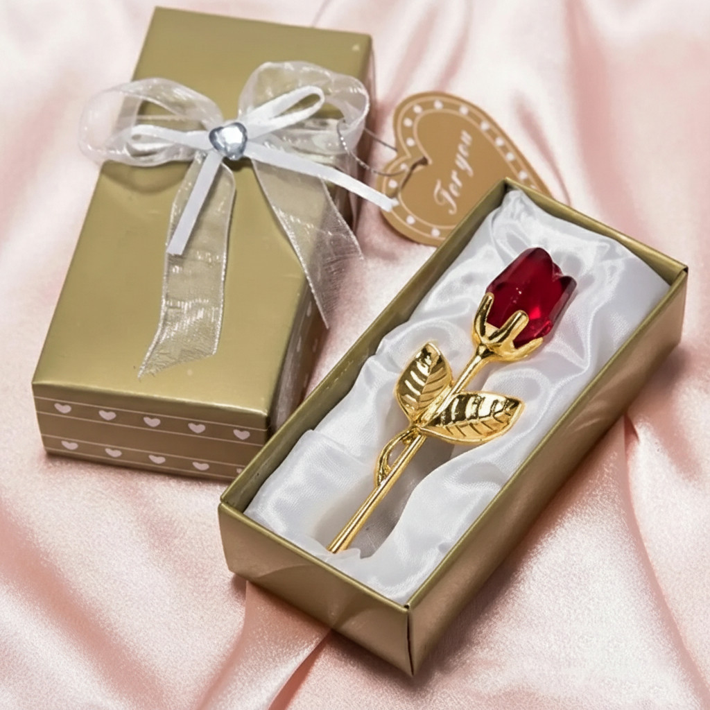 Crystal Red Rose Gold Stem Gift – Forever Artificial Flowers Wedding Favors Box