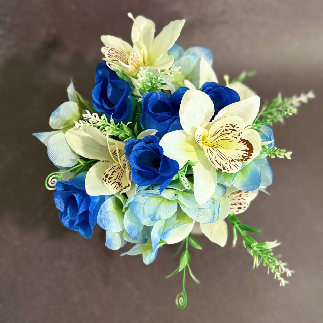 Blue White Rose Floral Centerpiece Wooden Box Faux Flower Arrangement Home Decor
