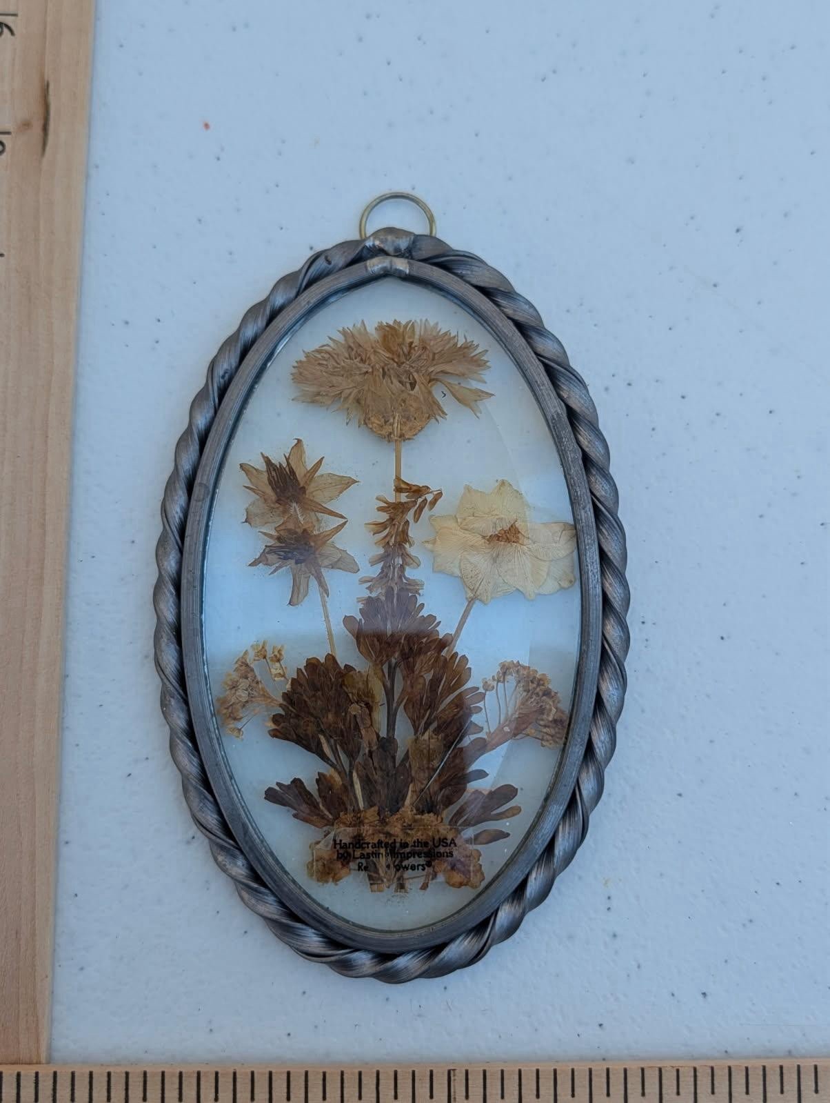 Vintage Lasting Impressions Real Dried Pressed Flowers In Glass W/ Metal Frame