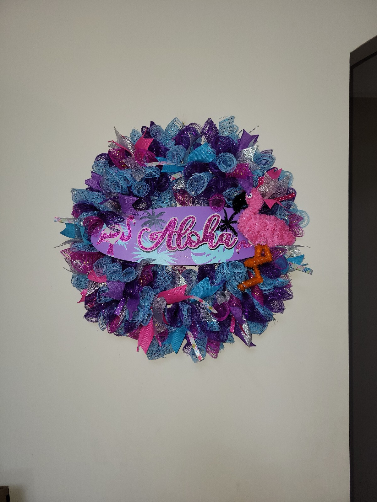 ALOHA Summer Spring Mesh Front Door Wreath Wall Decor BRIGHT Purple Pink Blue