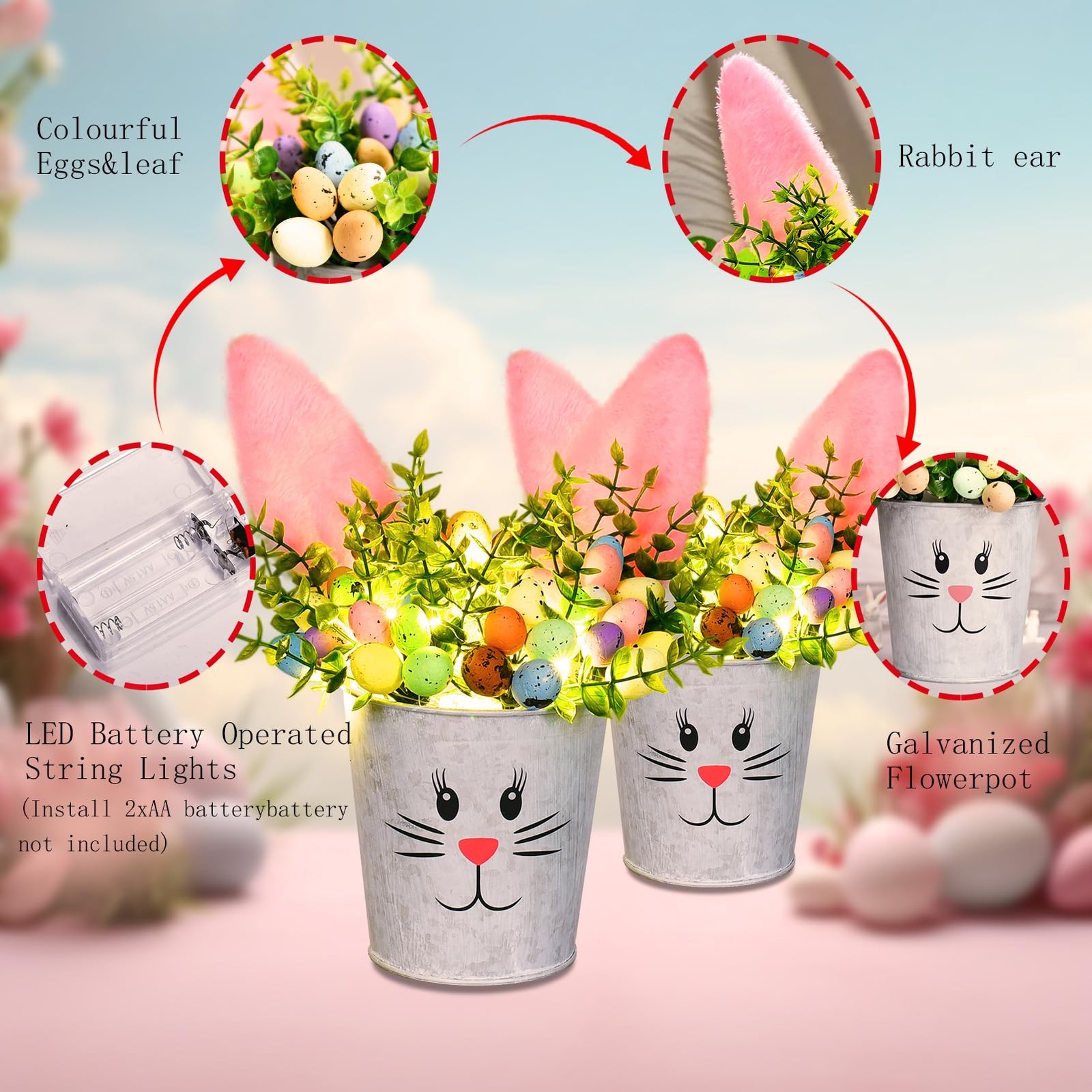 Lighted Artificial Flower Bunny Ear Desk Decor With Color Eggs 2 PCS