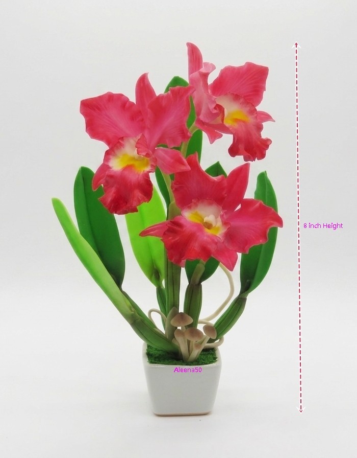8″H L-Sized Handcrafted Clay Cattleya Orchid Arranged in a Ceramic Pot US Stock