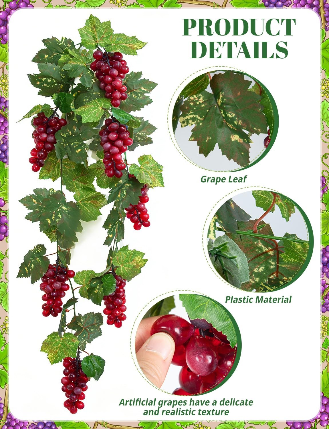 6.6FT Artificial Grape Vine Leaf Garland Plant with 7 Strings Grapes, Fake Ar…