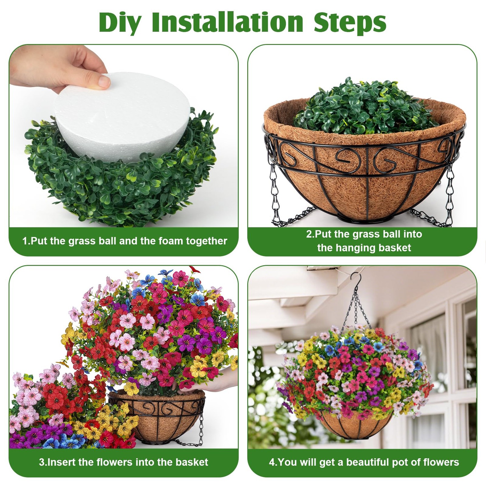 Artificial Hanging Flowers with Basket, Fake Hanging Plants with Faux Silk Fl…