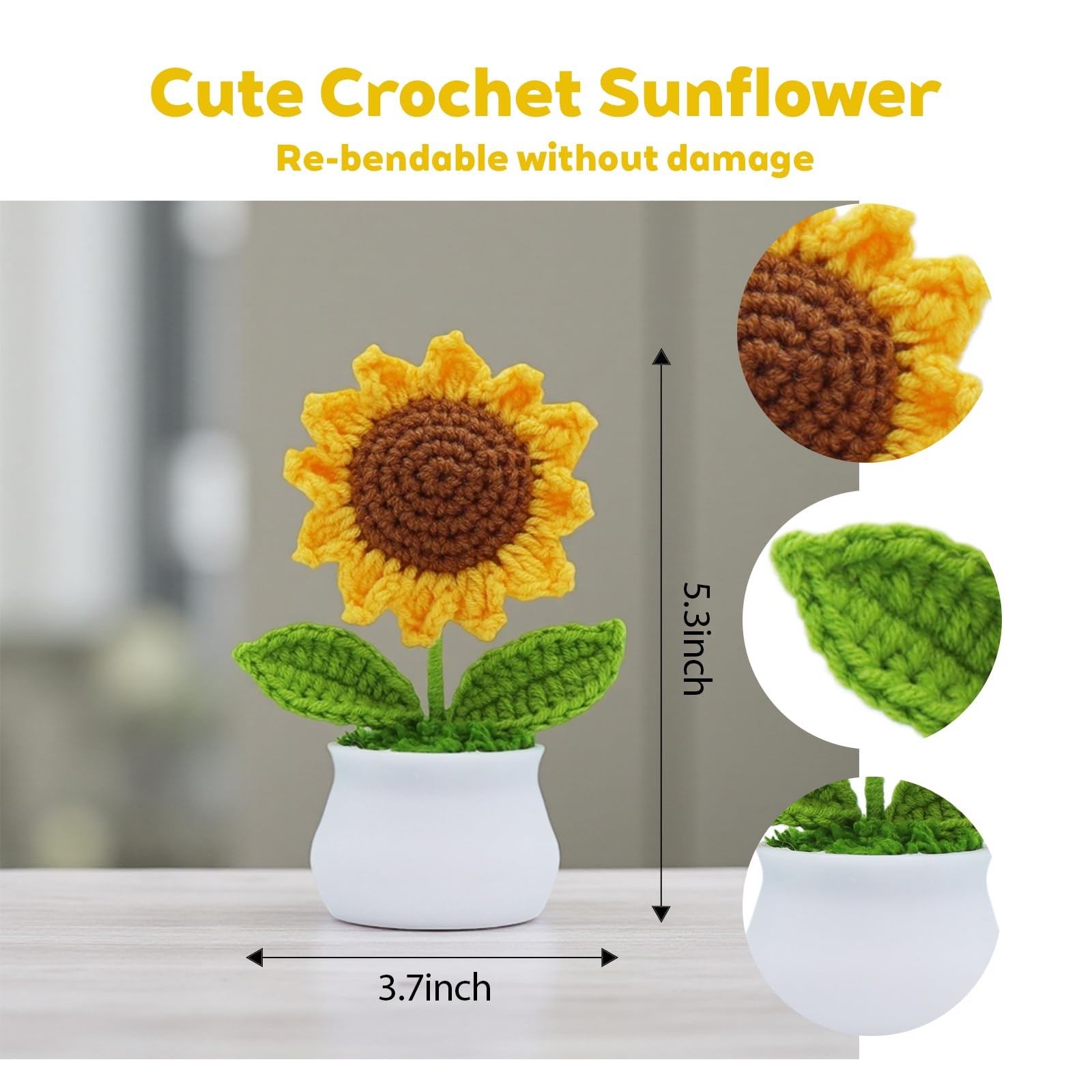 Crochet Flowers Artificial Sunflower for Office Desk, Car Dashboard Decor, Ha…