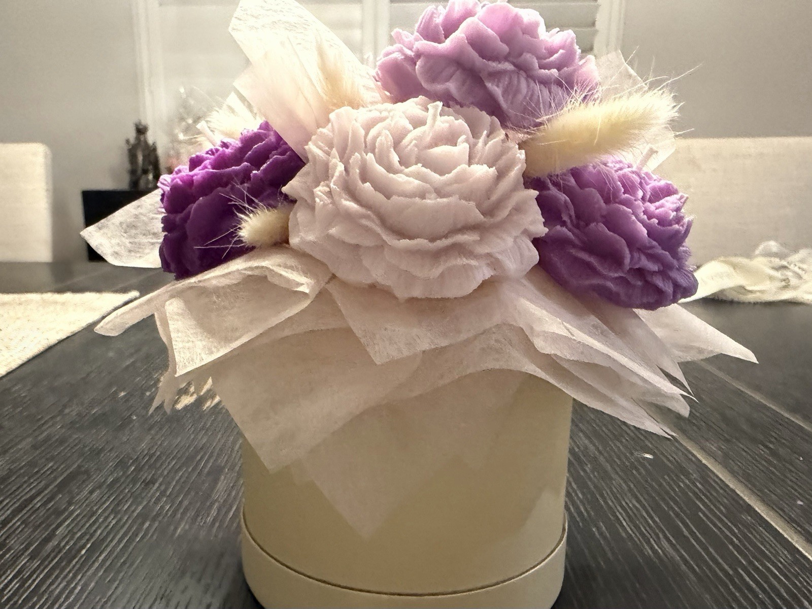 Candle Flower Arrangement Centerpiece Hat Box Purple Pink White Floral