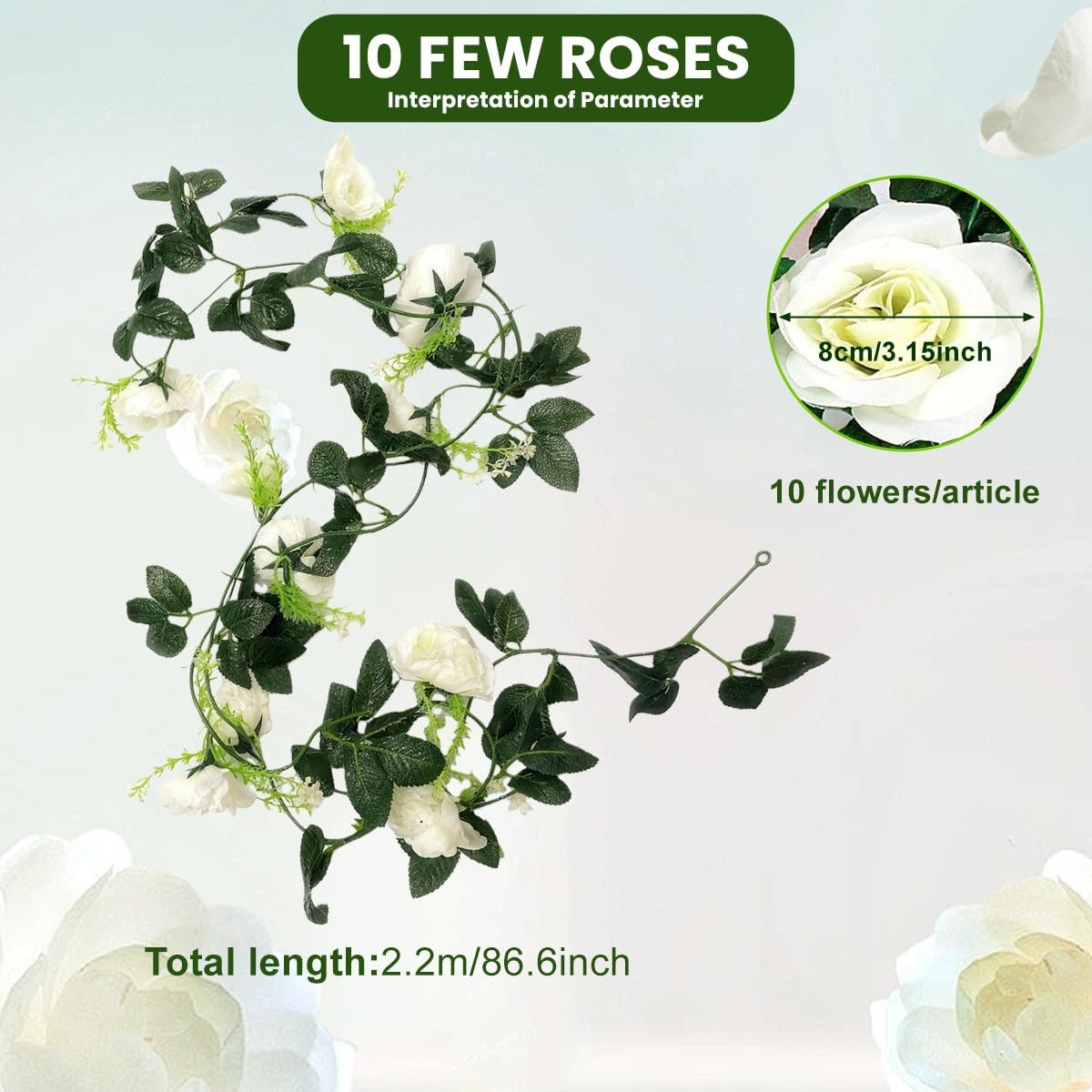 2Pack White Artificial Rose Garland Fake Silk Flower Vine with Greenery Hangi…