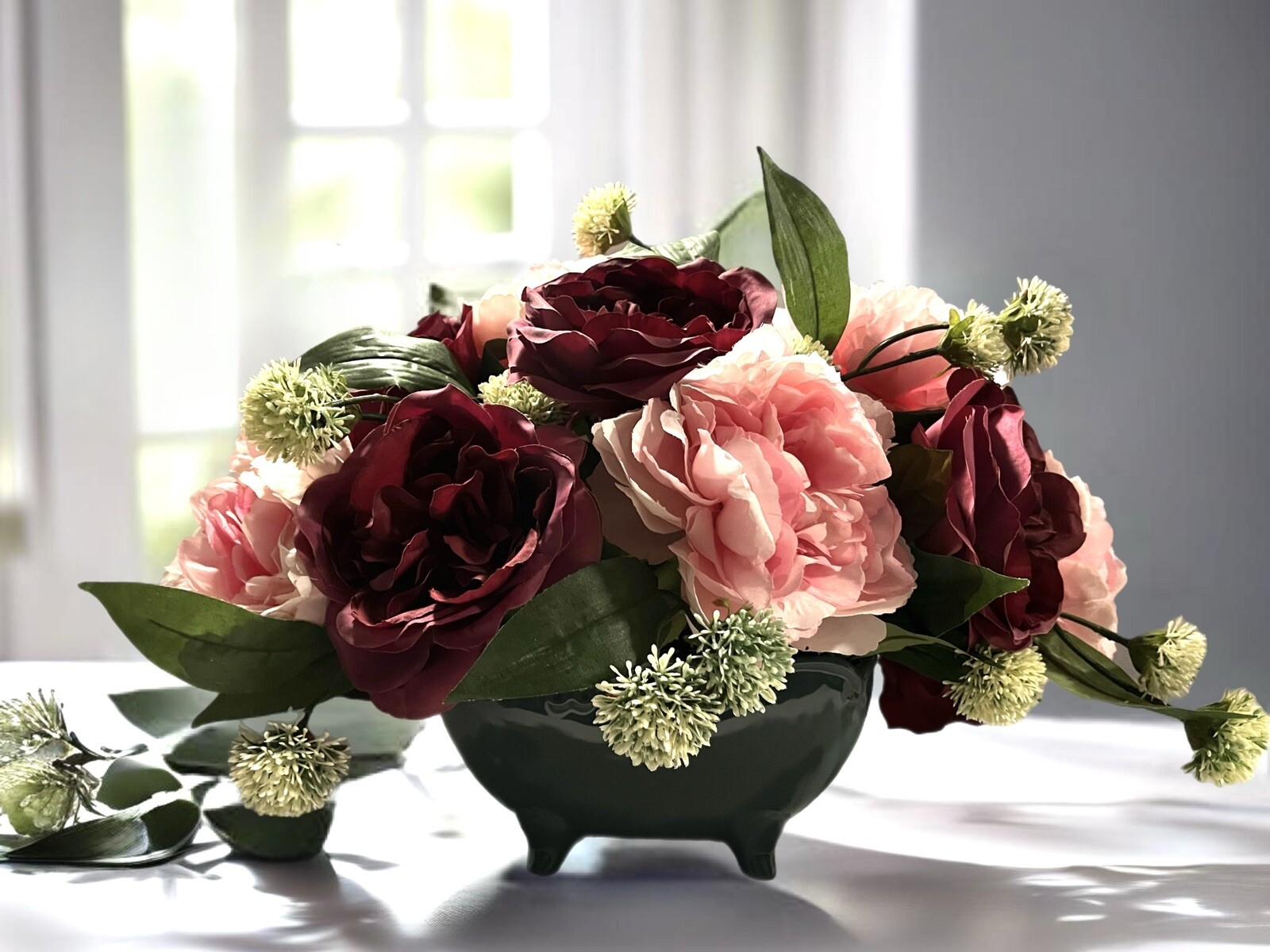 Pink & Burgundy Mauve Peony Floral Arrangement sage Green Planter 18” Long