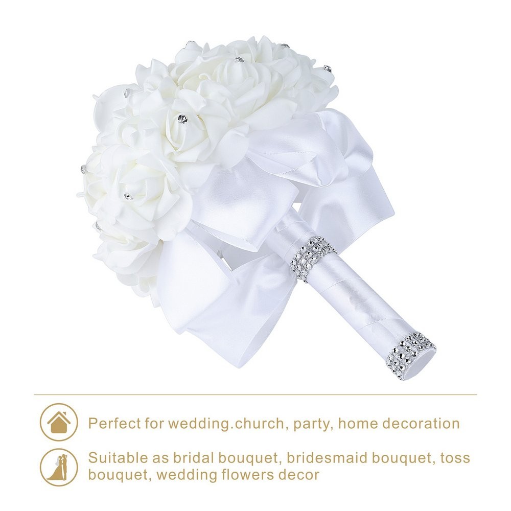 White Wedding Bouquet Crystal Roses Artificial Bridal Flowers Party Church