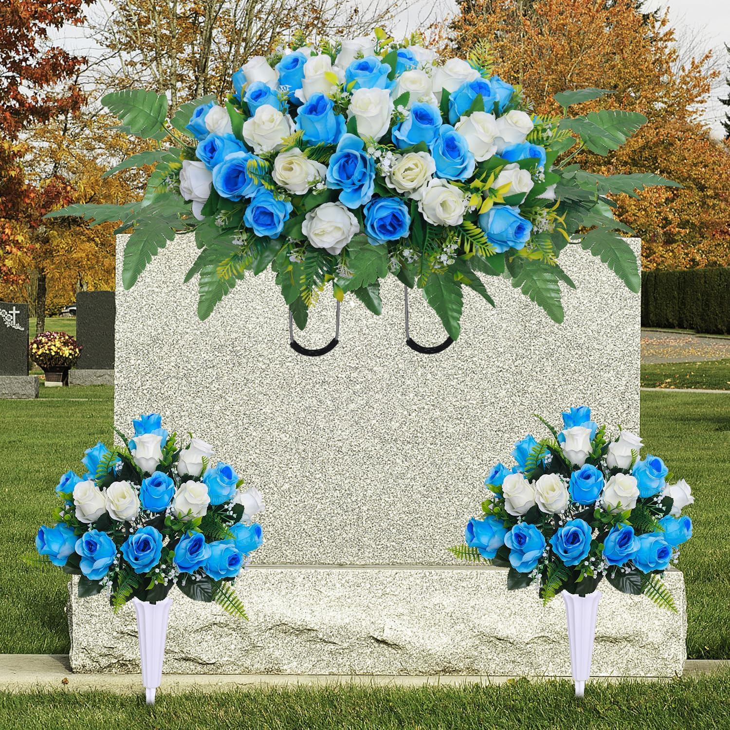 3 Pcs Blue White Cemetery Flower Saddles for Grave Memorial Decorations