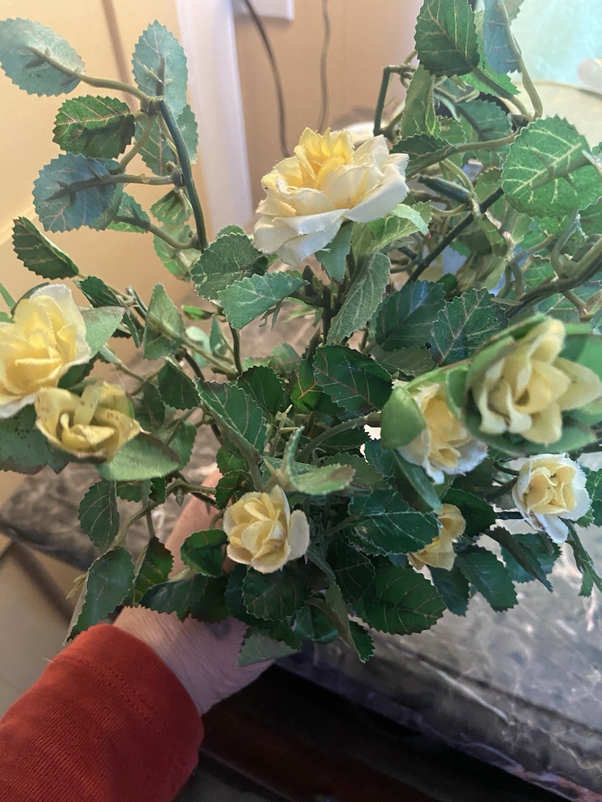 Vintage 1980s Artificial Yellow Rose And Leaf Stems