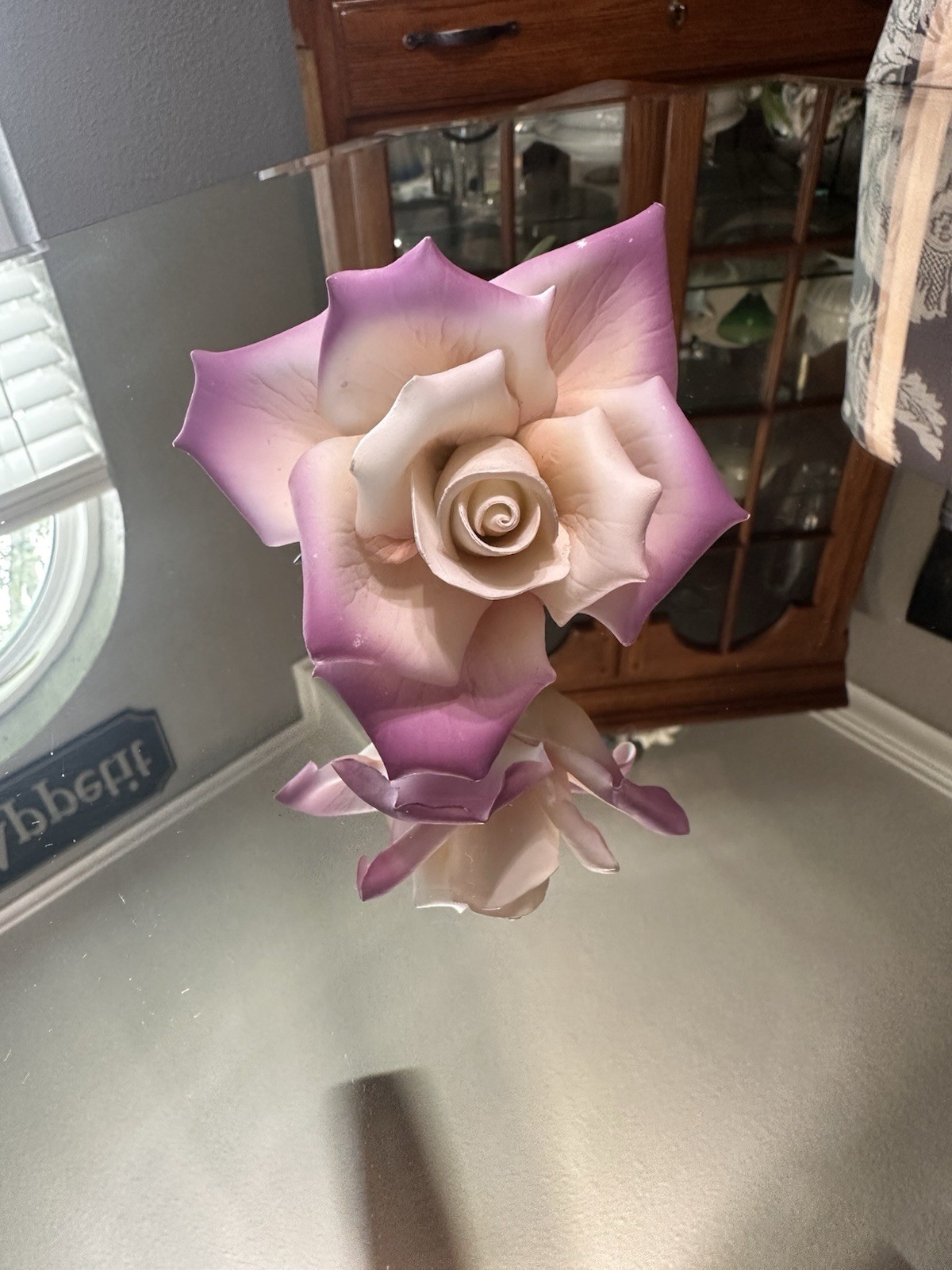 Vintage Capodimonte porcelain rose figurine, handcrafted and hand-painted