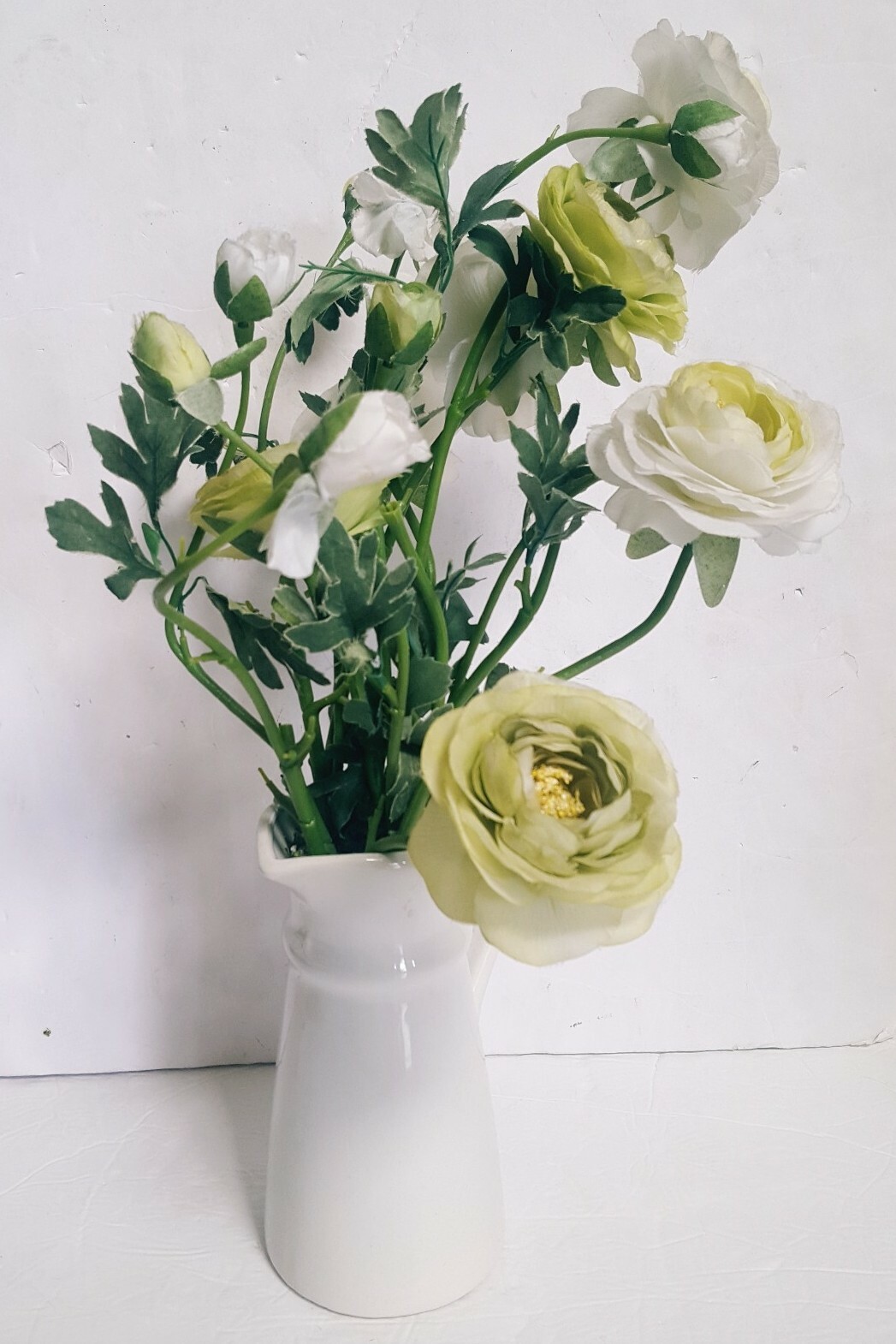 Artificial flowers White Green Ranunculus with white vase with handle Nice