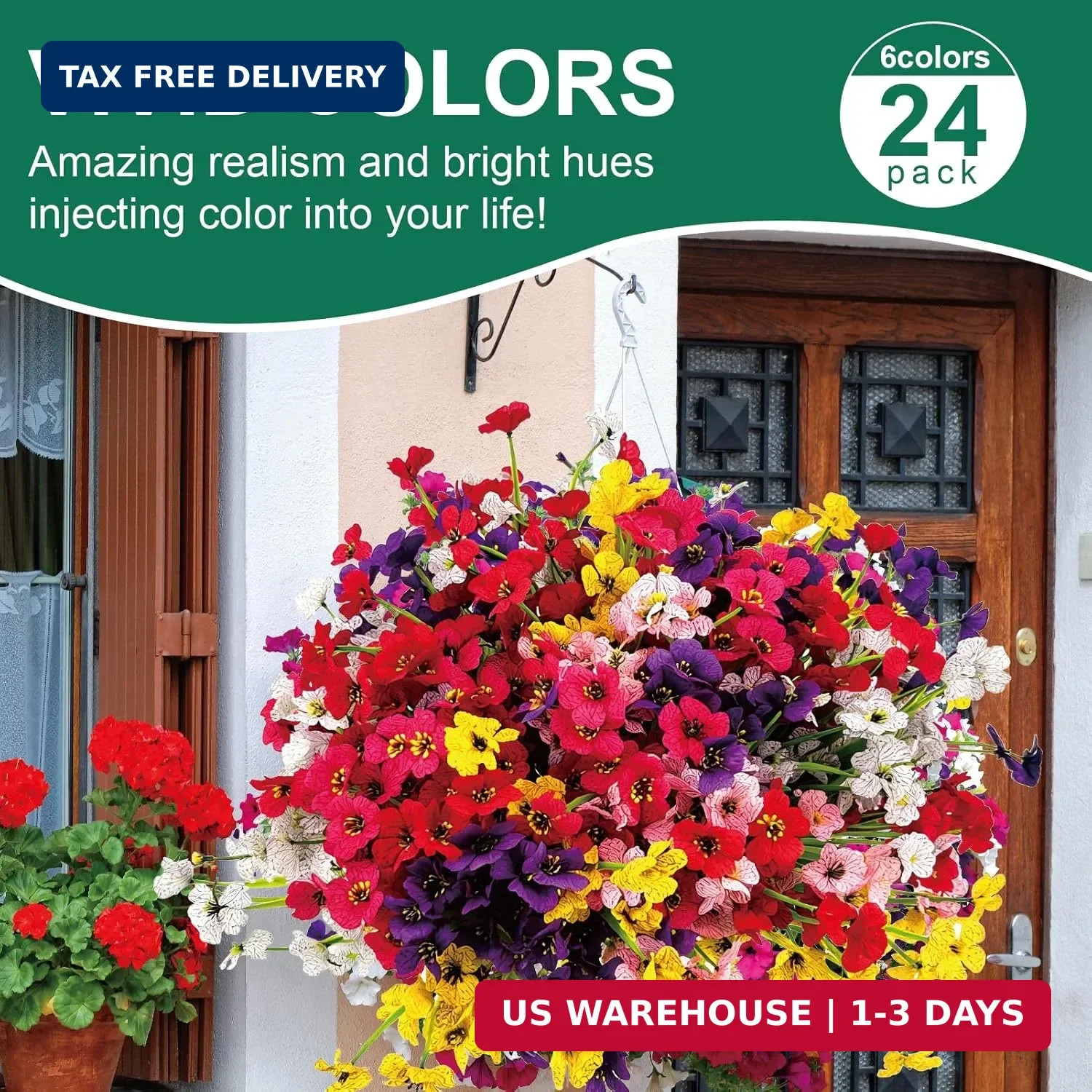 24 Pcs (6 Color) UV Resistant Outdoor Artificial Faux Flowers Plants Realistic P