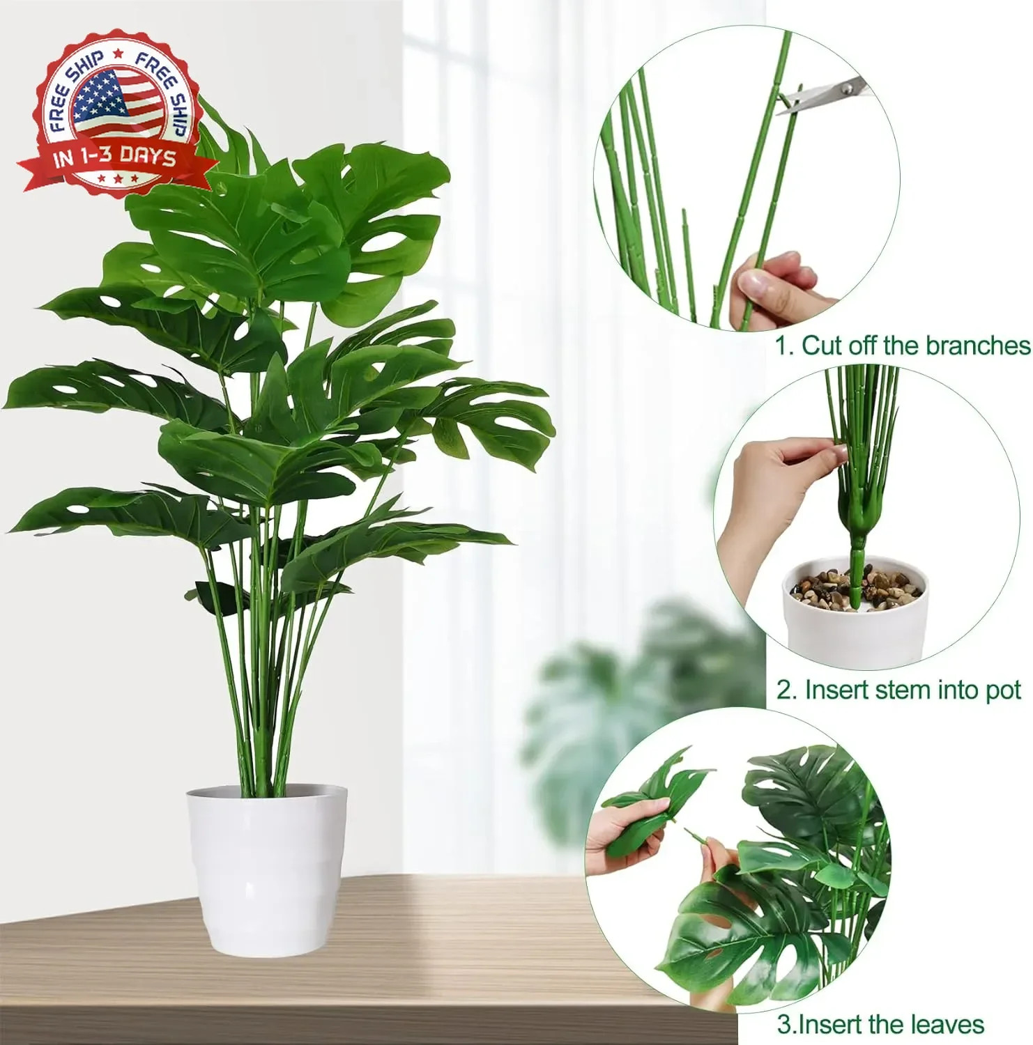 28 Inch Artificial Monstera Plants Set of 2 White Pots Heavy-Duty Fake Tropical