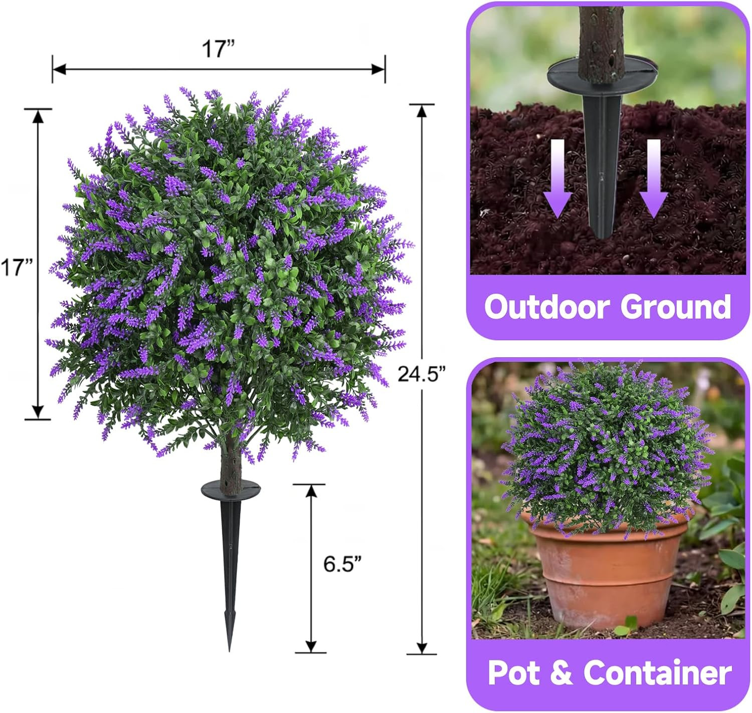 24″ UV Resistant Artificial Lavender Topiary Ball Trees – 2 Pack for Outdoor Dec