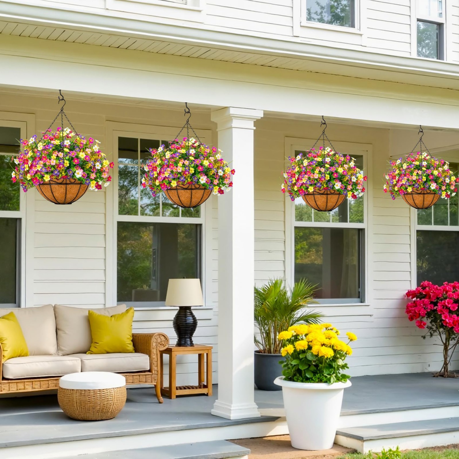 Faux Hanging Flowers in Coconut Basket – Vibrant Silk Plants for Outdoor Decor,