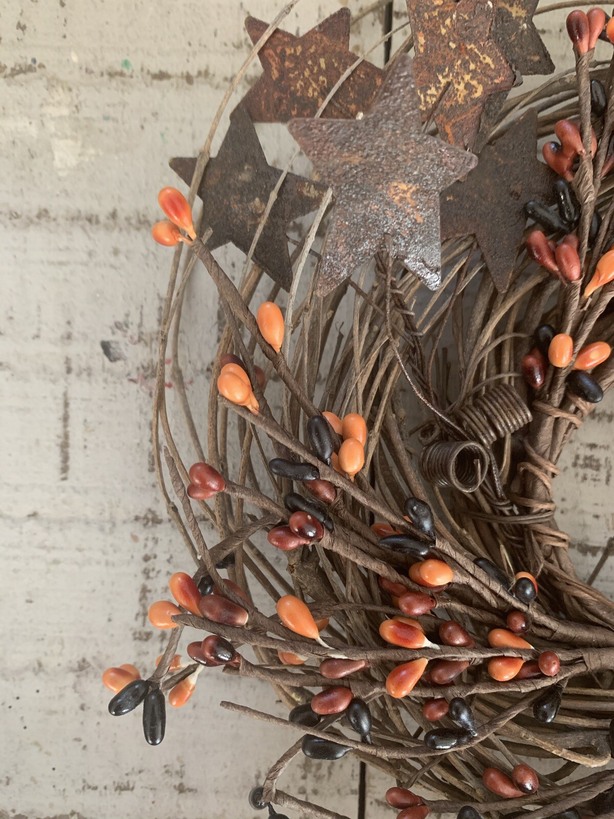 8” Primitive Orange Black Pip & Star Twig Wreath -Farmhouse Fall Halloween