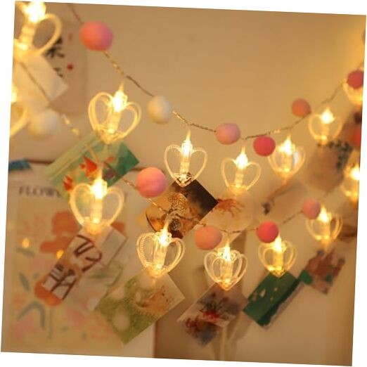 9.85Ft Photo Clip String Lights with 20 Cute Pompoms 20 LED Pink Pom-Heart