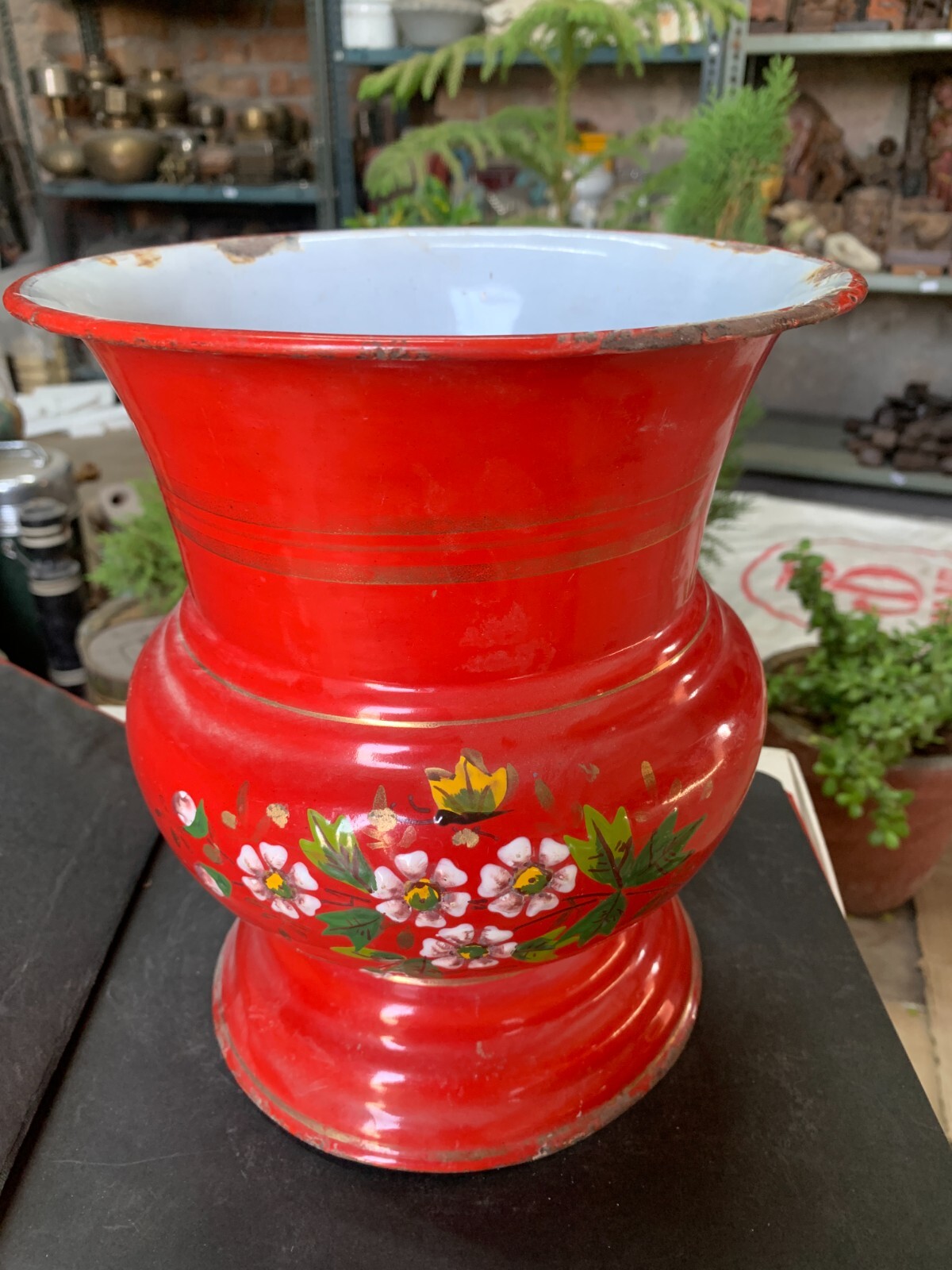 Vintage Hand Crafted Red Color Enamel Floral Leaf Design Painted Flower Vase Pot
