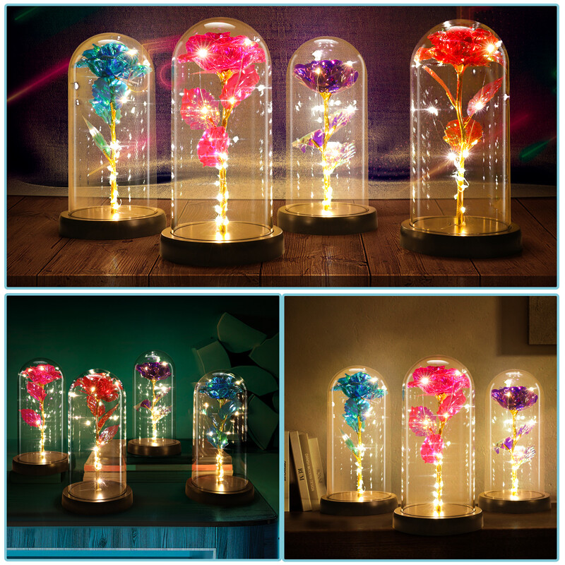 Rose in Glass Dome Preserved Flower Decortions Dome w/ LED Lights Gifts for Her