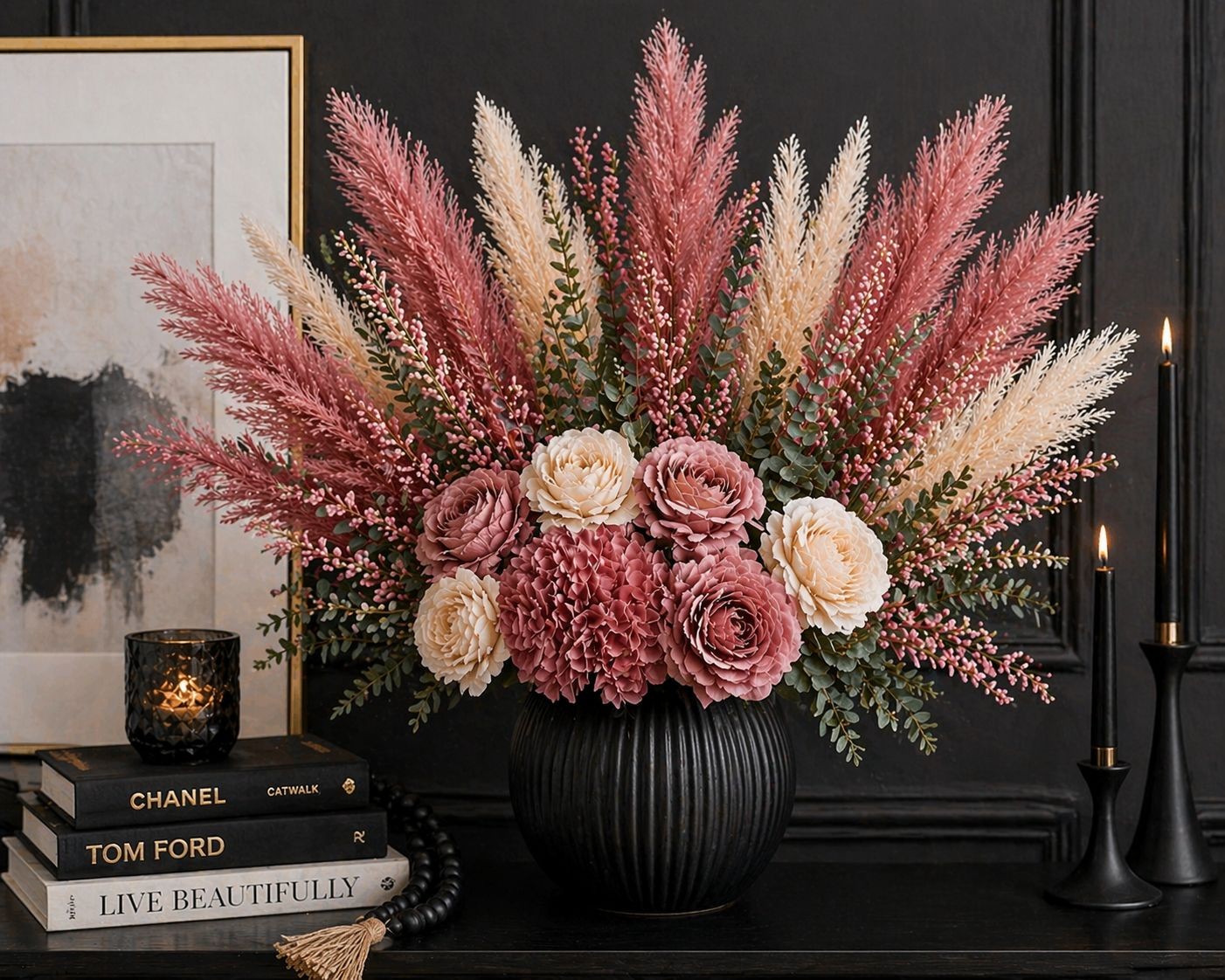 Rose Pink Pampas Grass 3 Stem Faux Pampas 21 Inch Boho Decor Rustic Vase Filler