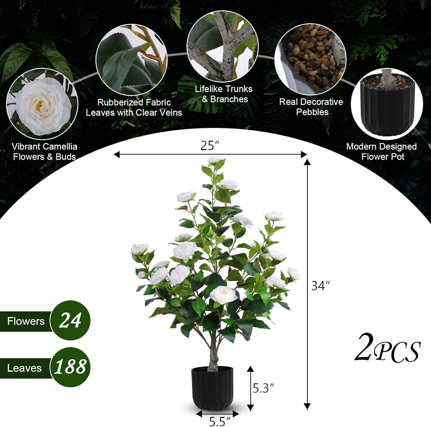 2 Pcs Artificial Camellia Trees Faux Camellia Plant in Pot with Flowers Indoor P