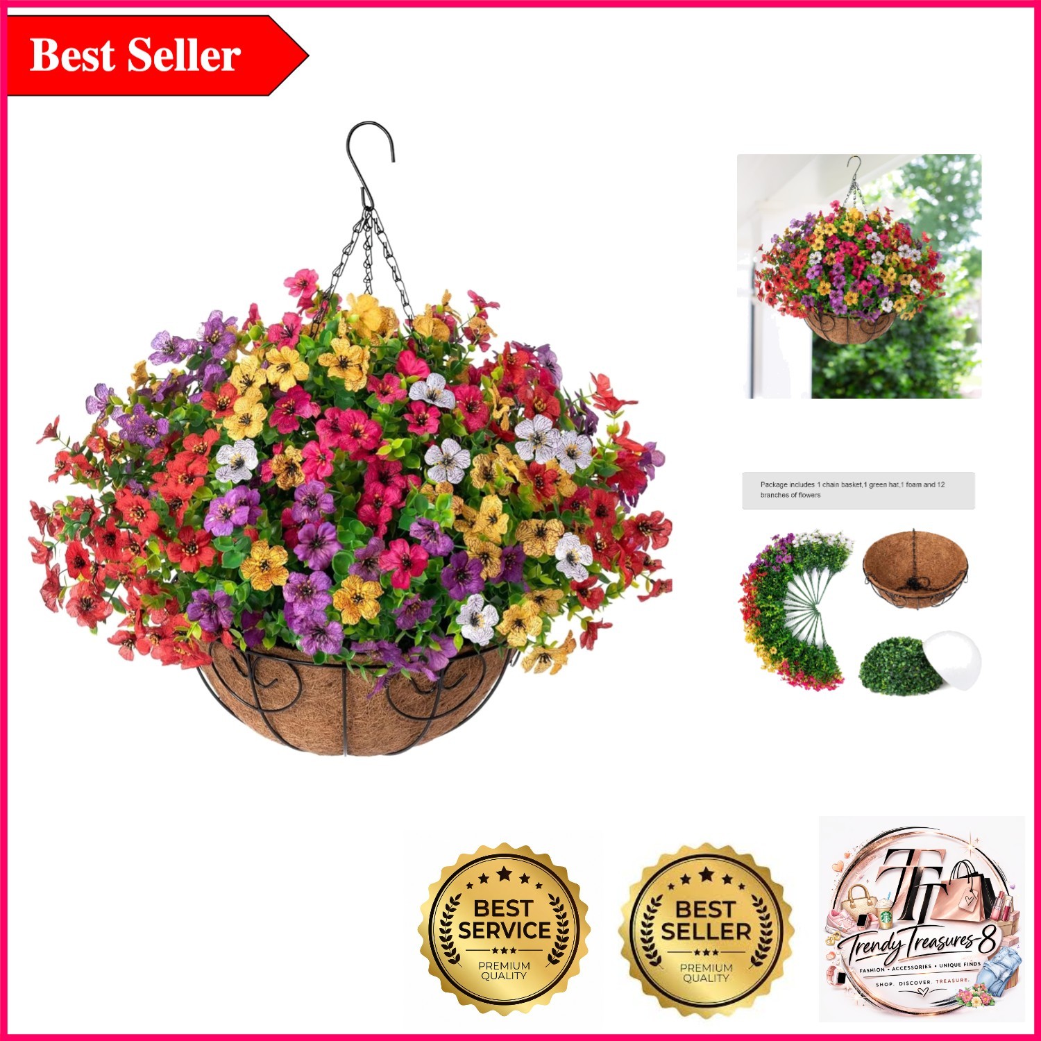 UV-Resistant Faux Hanging Flower Basket for All-Season Outdoor Decor