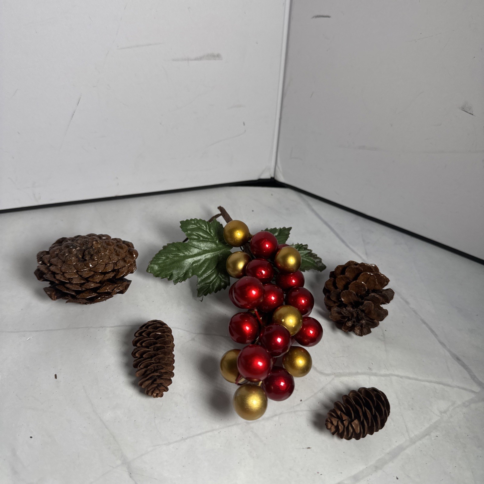 Red And Gold Holly Berry Stem and 4 Pine Cones Individual.