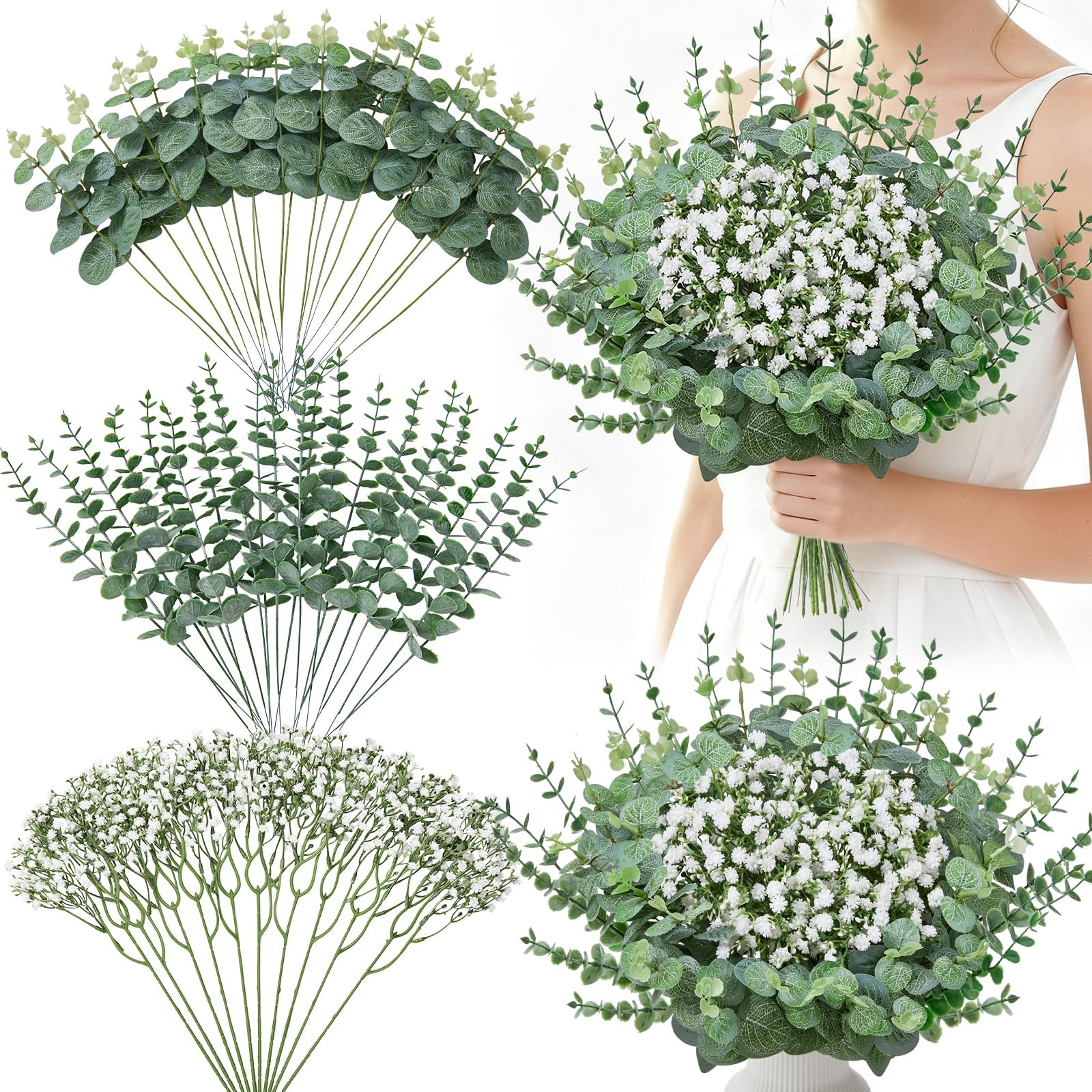50Pcs Mixed Eucalyptus Greenery Stems 3 Kinds,Baby Breath Flowers Artificial …