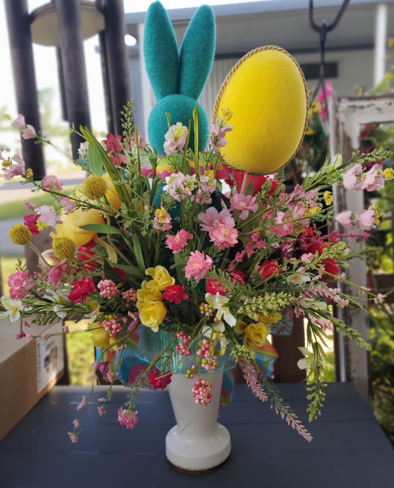 Large 25″ Bright Hot Pink Teal Yellow Bunny Spring Easter Pedestal Floral Decor