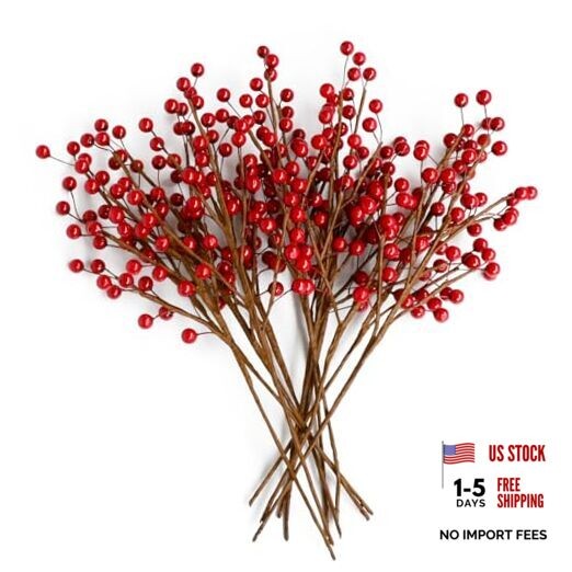 pcs13.5″ Red Holly Berry Stems for Christmas Tree, Faux Greenery Picks and 12