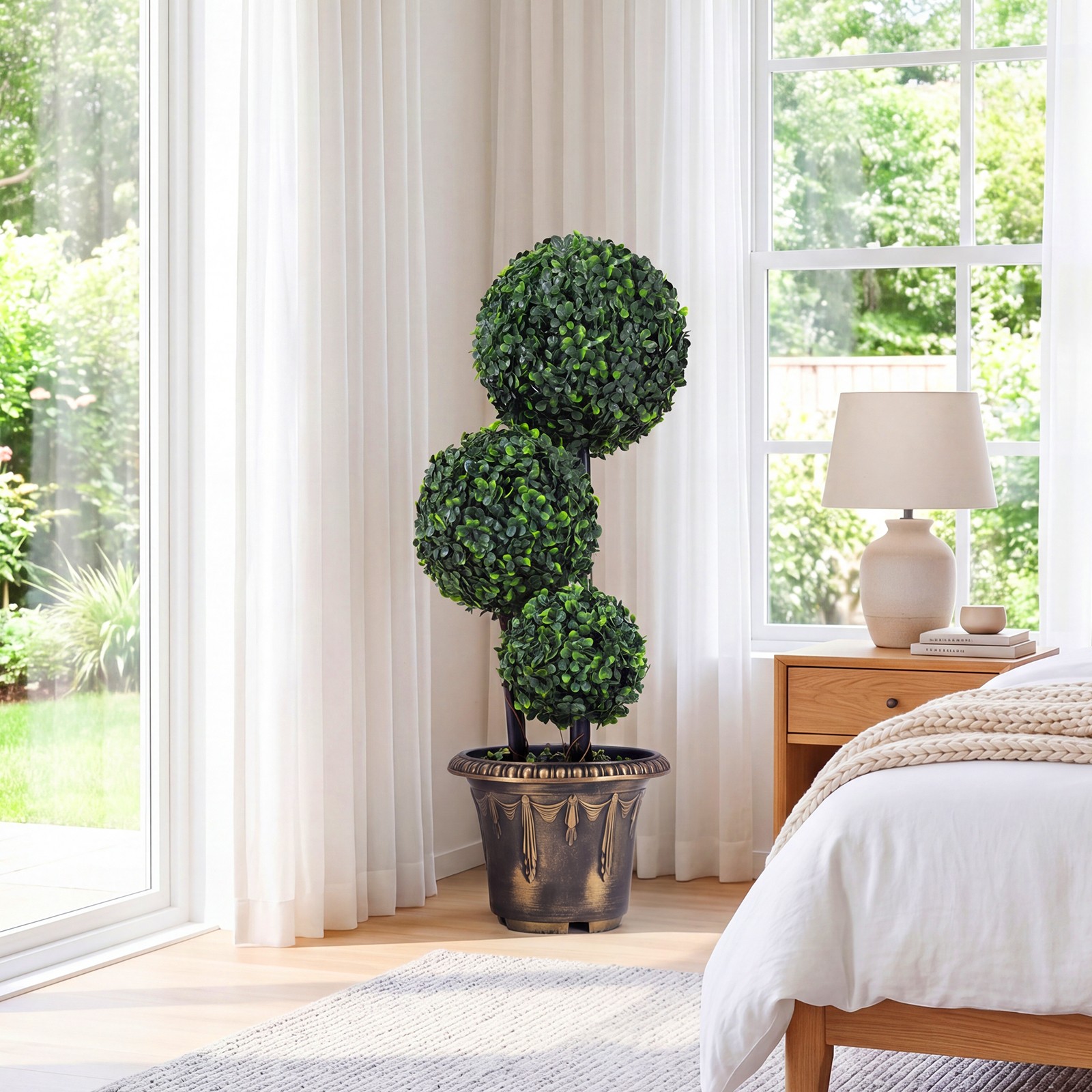 2.5 FT Artificial Boxwood Topiary Tree, Sun-Protective Triple Ball Shrubs,Indoor