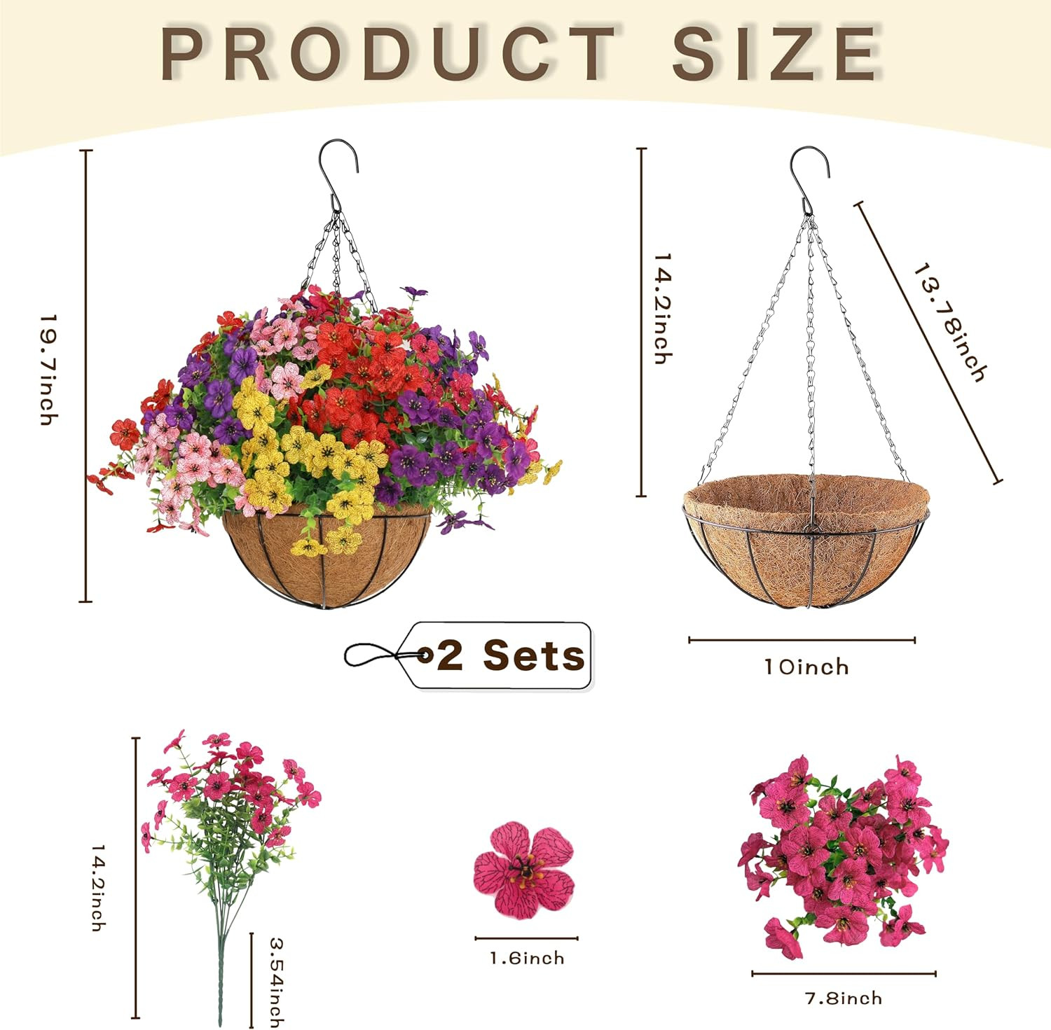 2 Set Artificial Hanging Flowers with Basket for Outdoor Decor, UV Resistant 24