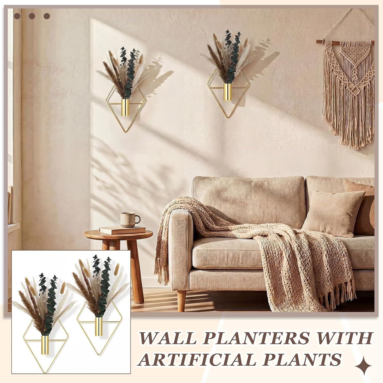 4 Pcs Hanging Planters with Artificial Pampas Grass Metal Hanging Vase Indoor Pl