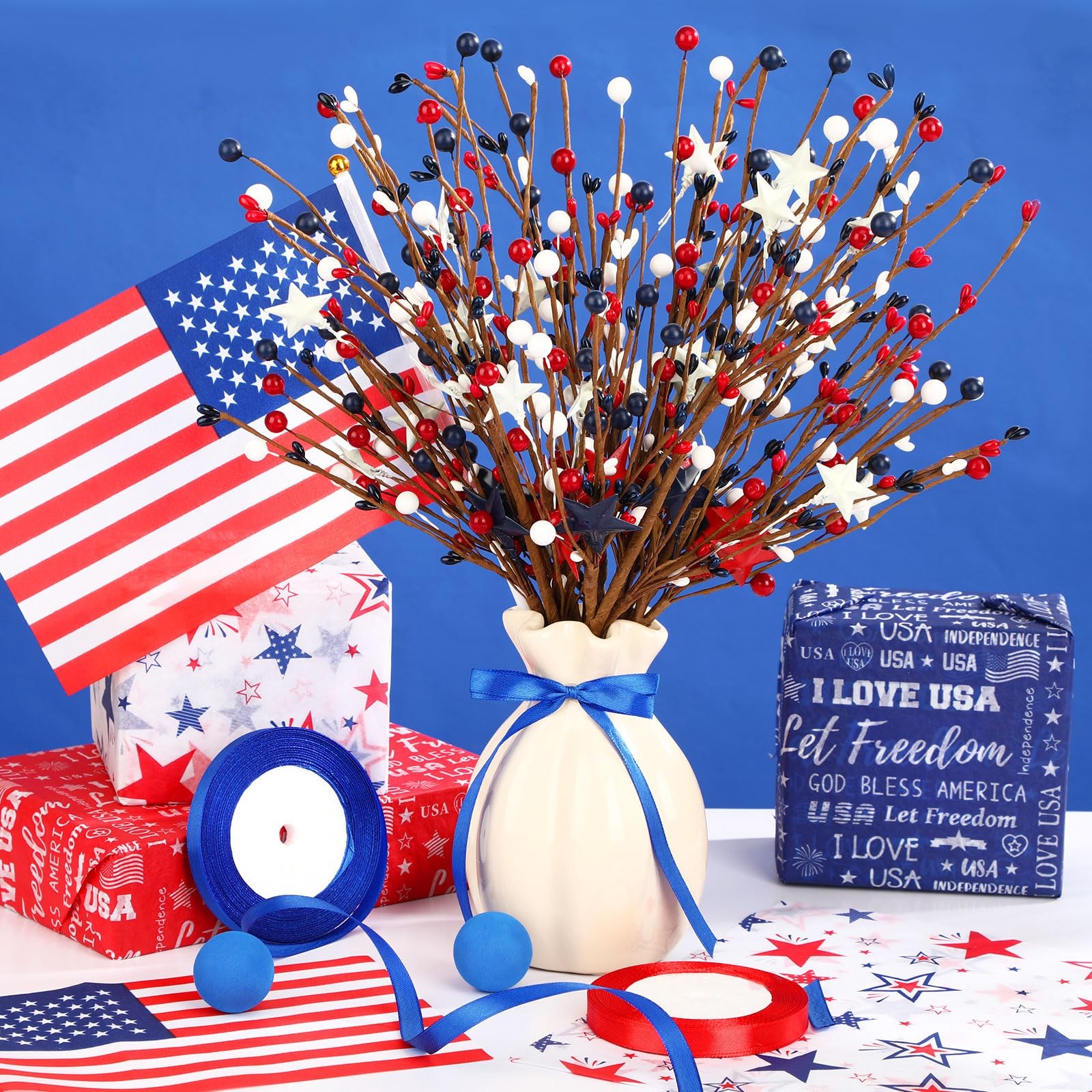 6 Pack Patriotic Artificial Berry Stem Picks Red White and Blue Artificial Ar…