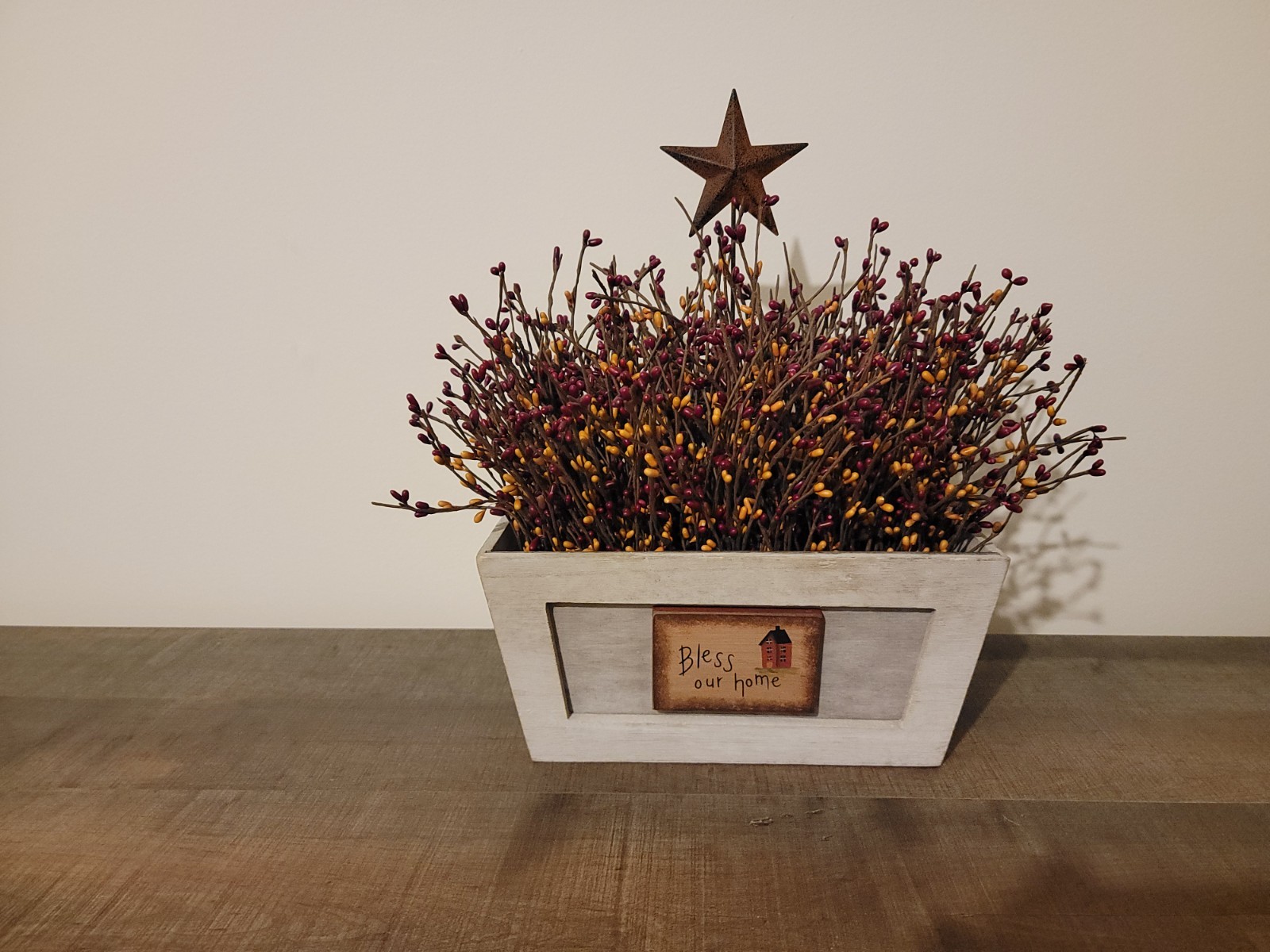 Bless Our Home Wooden Primitive Decor Box With Pip Berries & Rusty Star