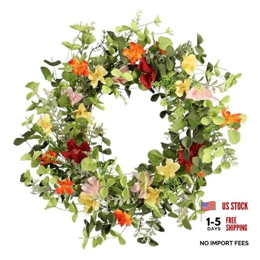 22IN Artificial Spring Summer Wreath with Wild Flowers & Silk Daisies
